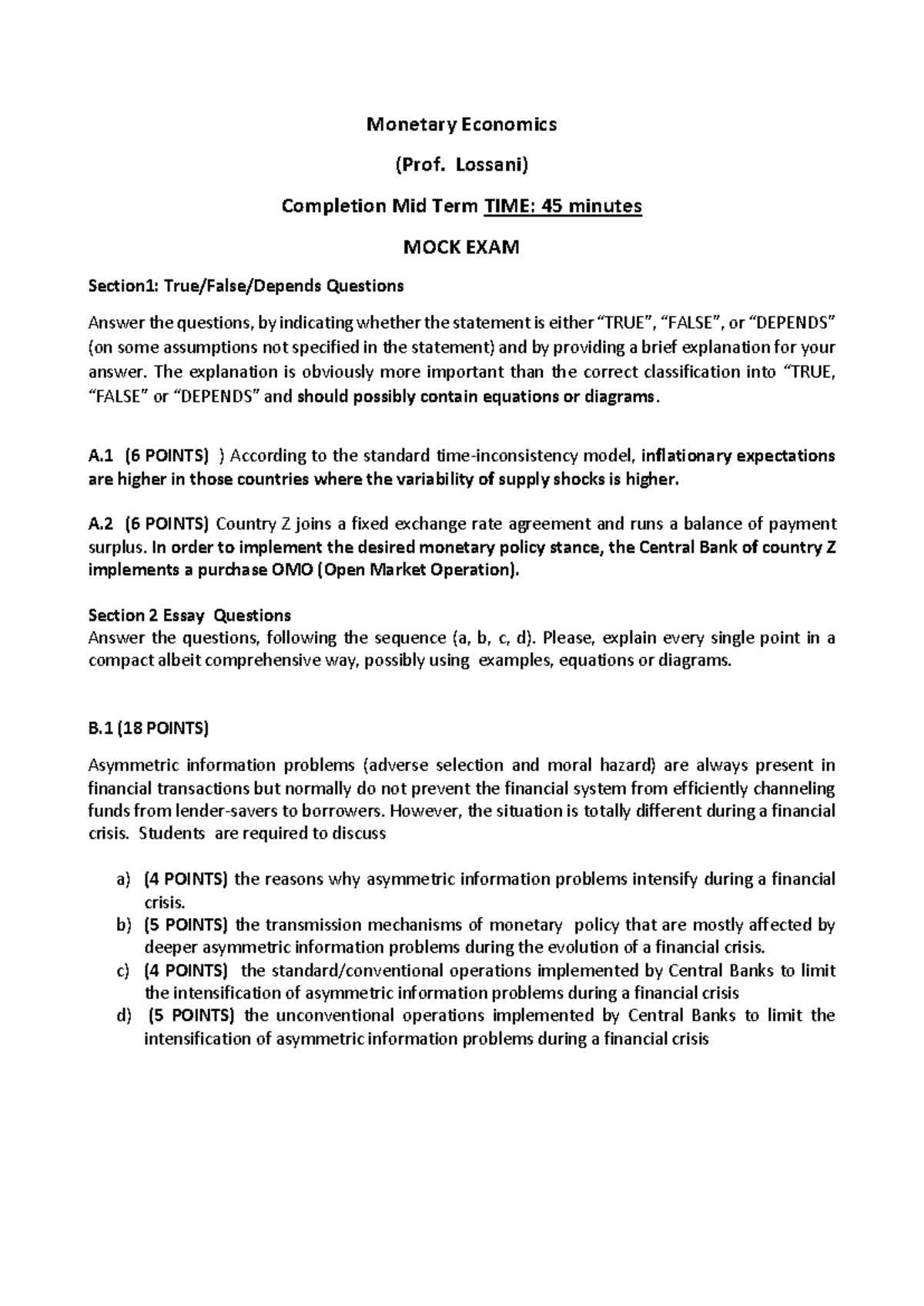 ME-2024MOck Exam IIPArt - Monetary Economics (Prof. Lossani) Completion ...