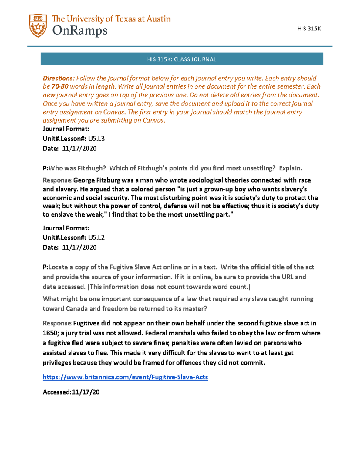 Copy of ORs.JE.Template - HIS 315K: CLASS JOURNAL Directions: Follow ...