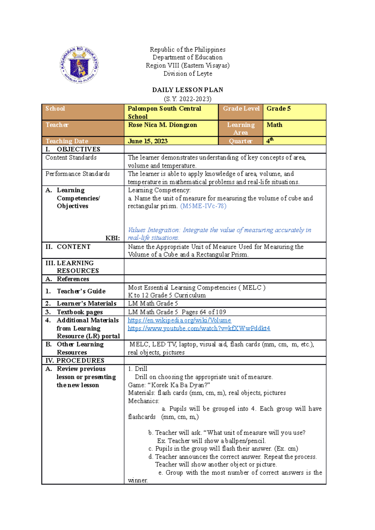 Teaching LP for teaching - Republic of the Philippines Department of ...