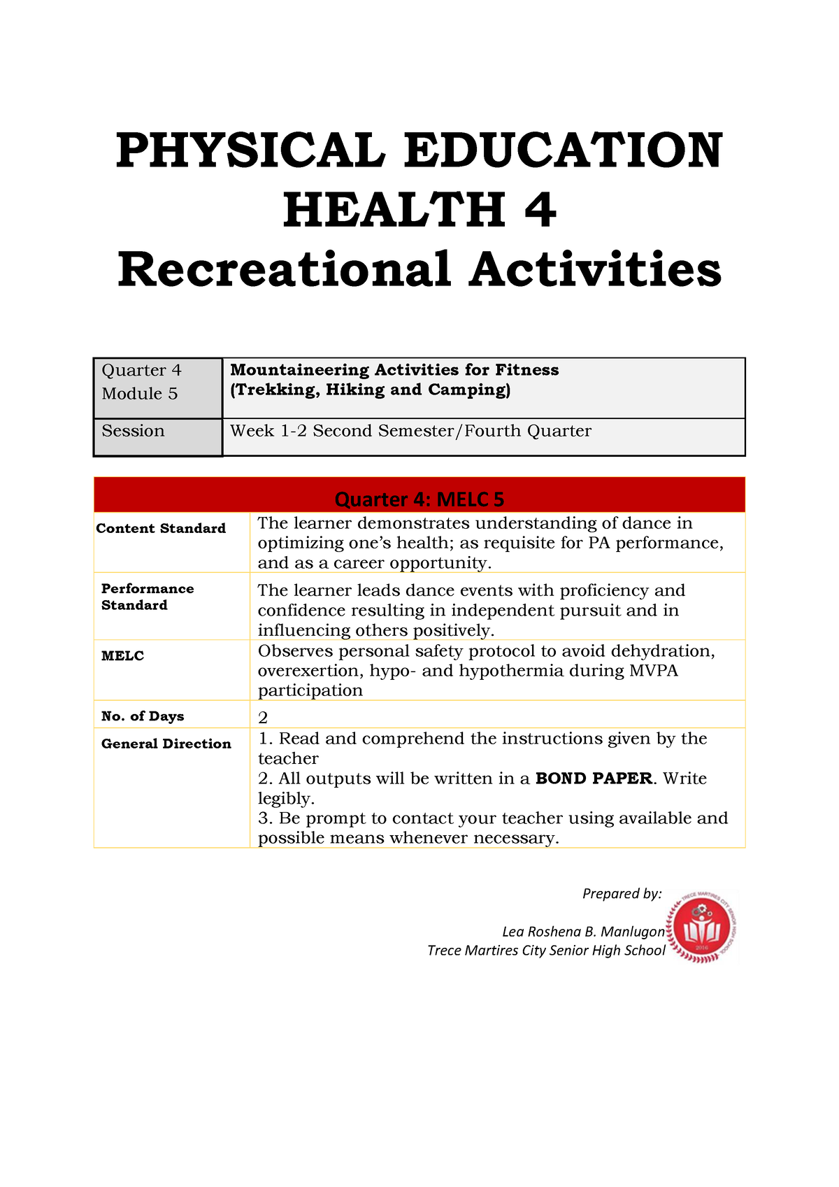 G12-HOPE-4 4th Q-Module - PHYSICAL EDUCATION HEALTH 4 Recreational ...