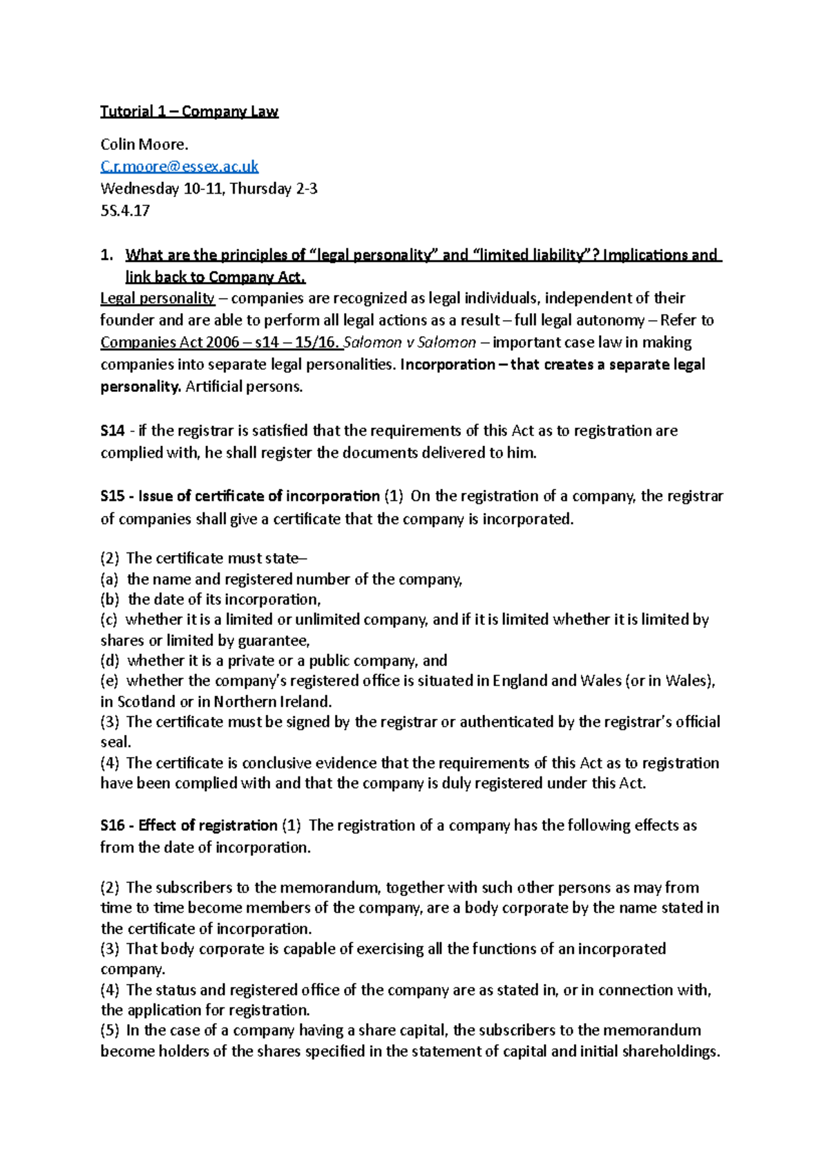 Company Law, limited liability and legal personality - Tutorial 1 ...