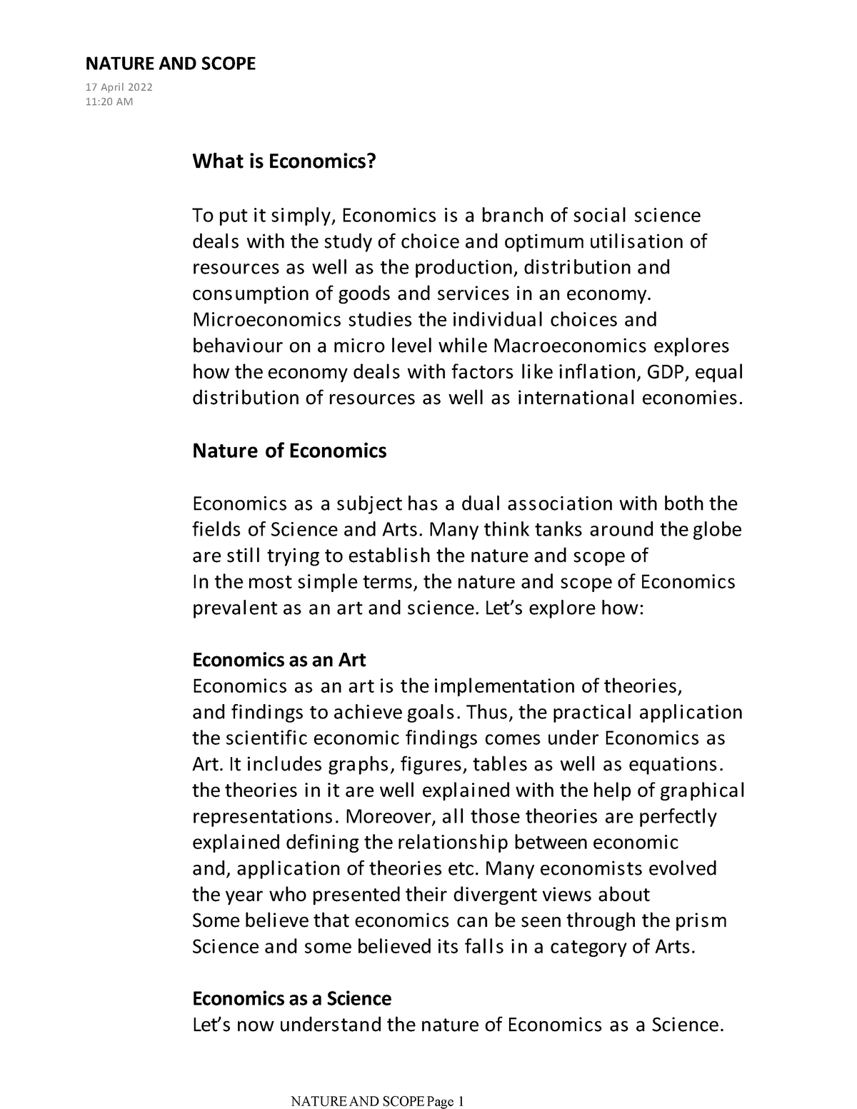 essay on nature and scope of economics