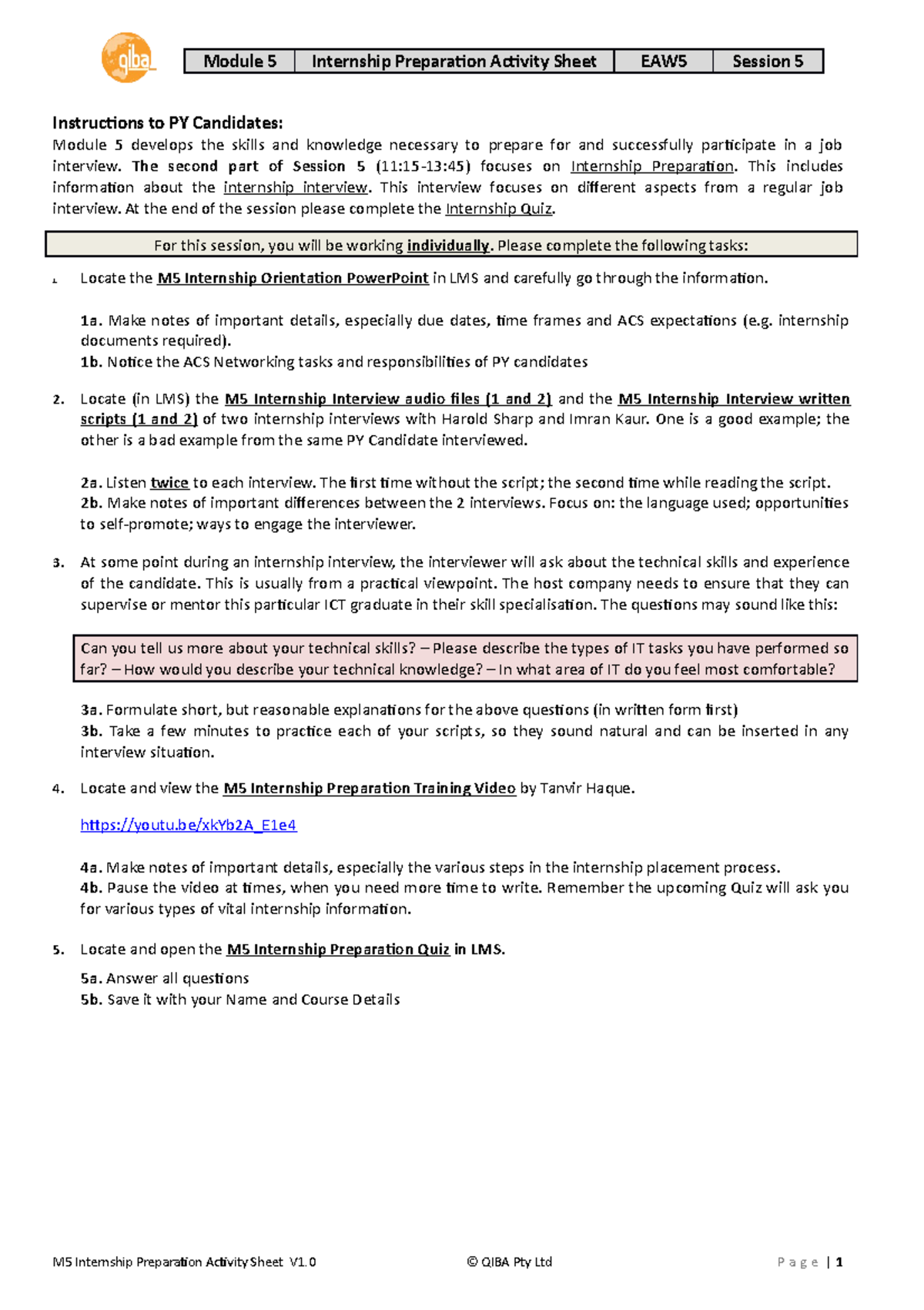 M5S5 Internship Preparation Activity Sheet V1 - Module 5 Internship ...