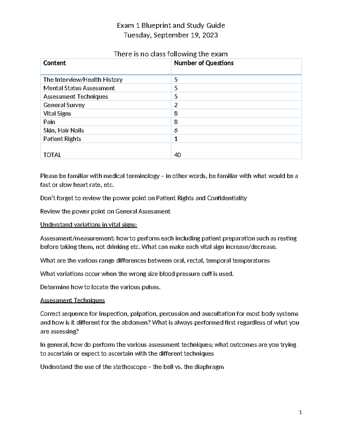 Exam 1 Blueprint and Study Guide 9-13-2023 - Exam 1 Blueprint and Study ...