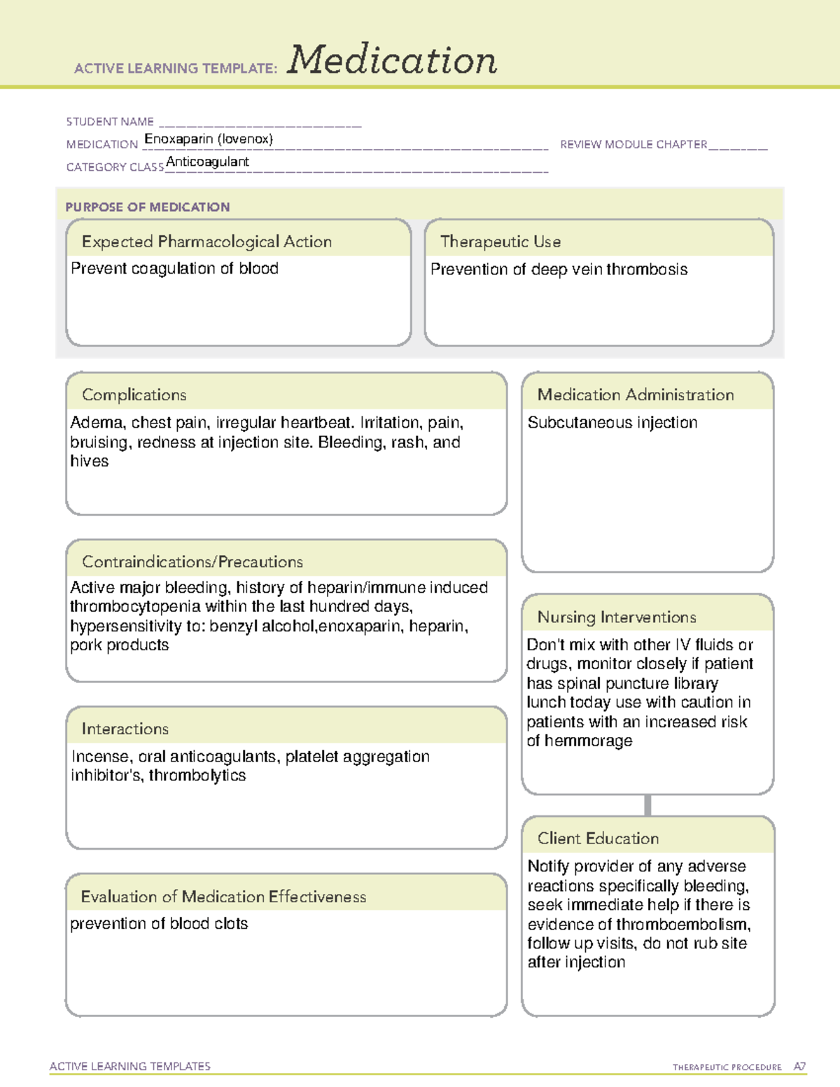 Enoxaparin (lovenox) - ACTIVE LEARNING TEMPLATES TherapeuTic procedure ...