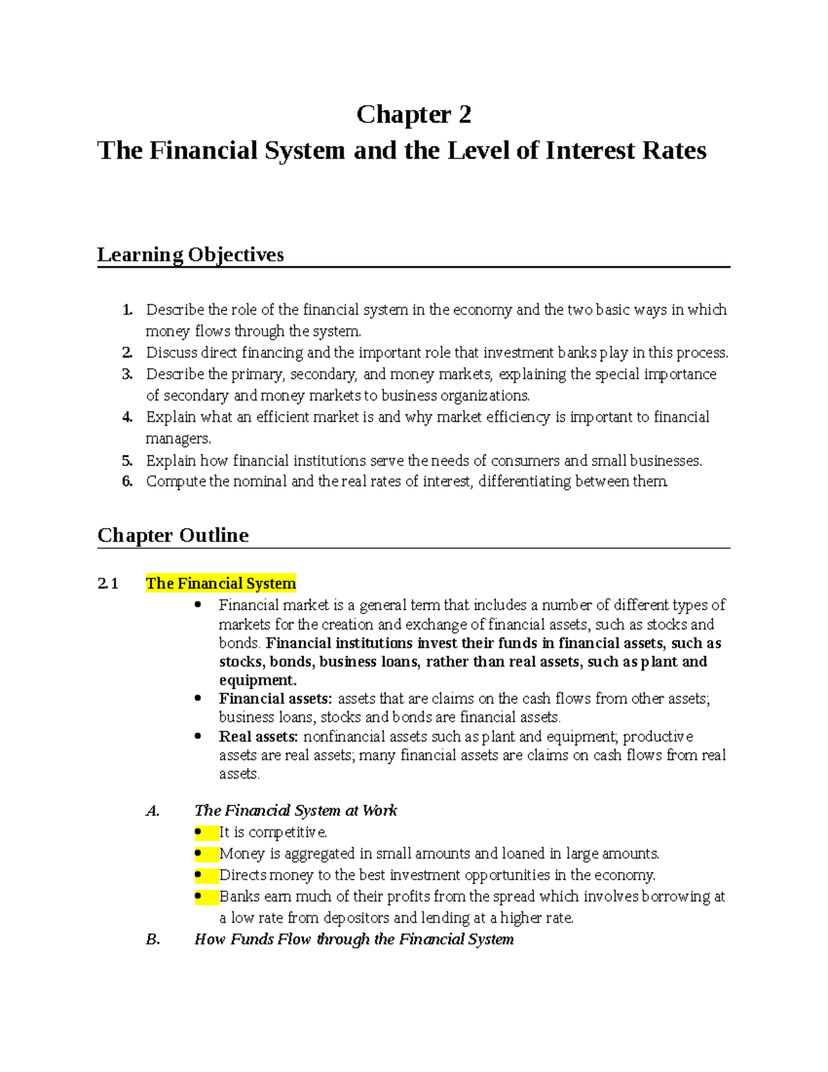 Notes Ch 2 FIN 300 - Chapter 2 The Financial System and the Level of ...