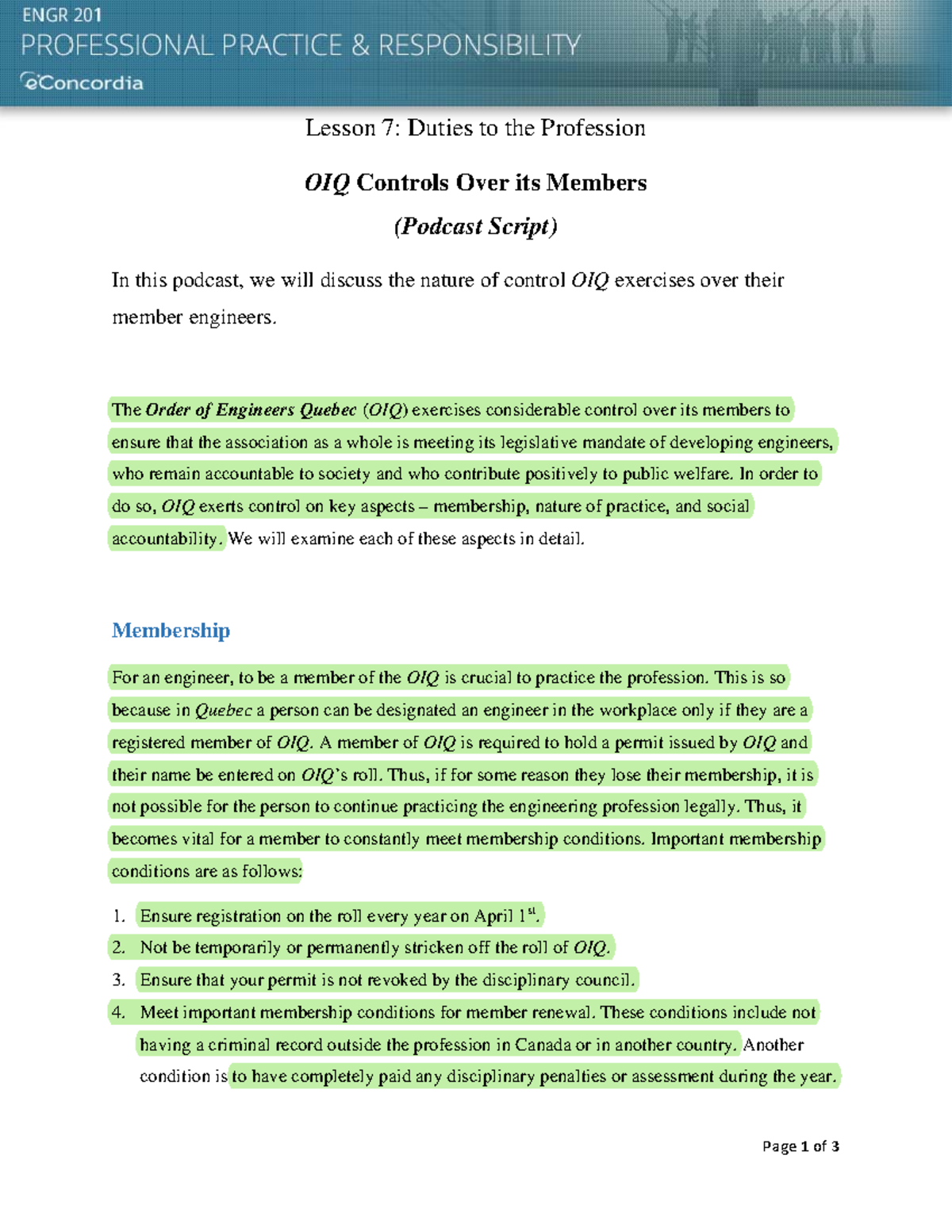 Lesson 7Podcast 3 - Page 1 of 3 Lesson 7: Duties to the Profession OIQ ...