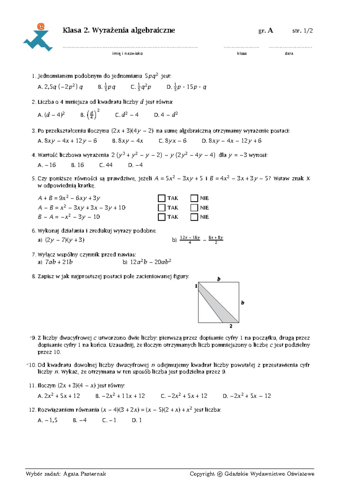 Matematyka 2 Wyrażenia Algebraiczne Sprawdzian www.studocu.com