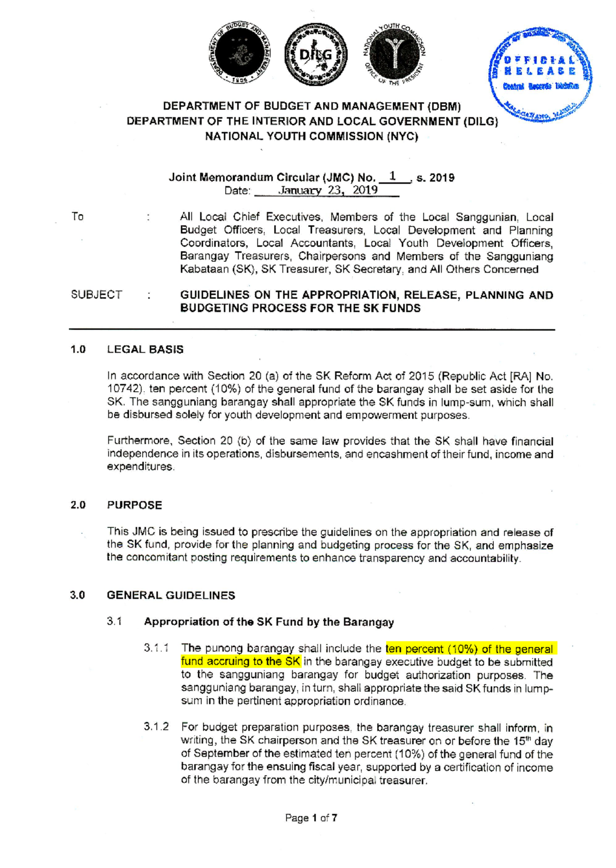 DBM DILG NYC Joint Memorandum Circular NO 2019 1 - jOUTH Co 0 ...