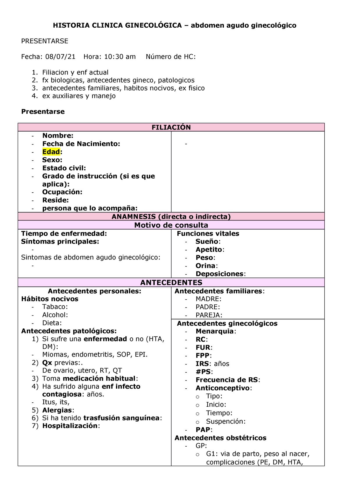 Formato Historia Clinica Ginecoobstetrica . ginecologia - HISTORIA CLINICA  GINECOLÓGICA – abdomen - Studocu