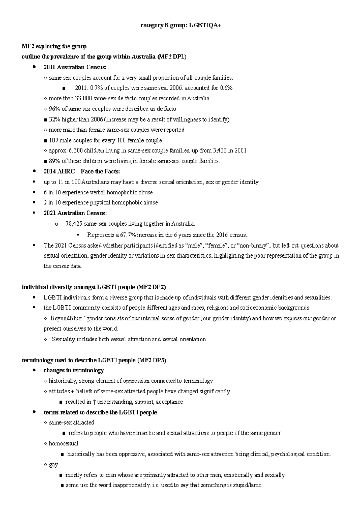 Lgbti Summary - CAFS HSC NOTES - Category B Group: LGBTIQA+ MF2 ...