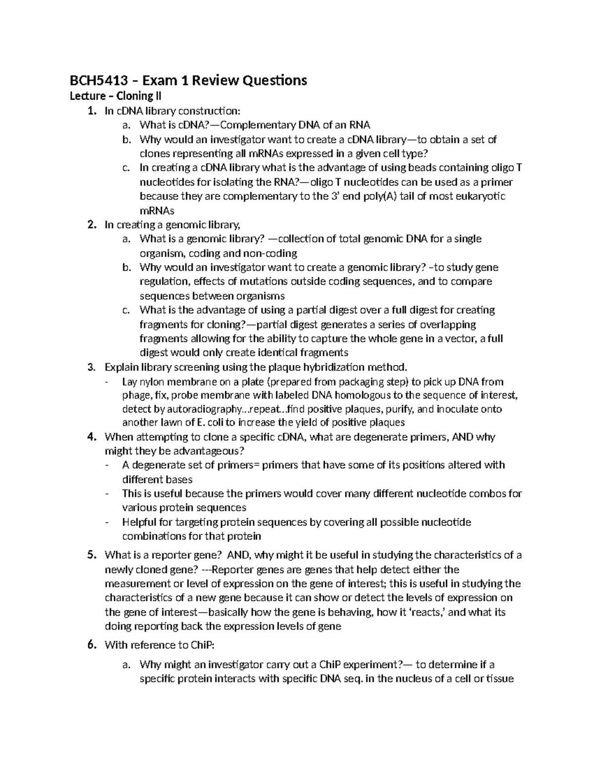 2022 Lecture 6 Review Cloning II BCH5413 Exam 1 Review Questions