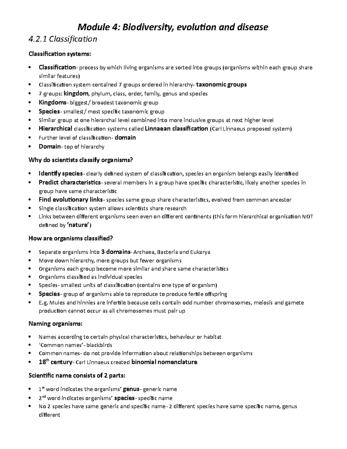 Module 4 - biology notes - 4.2 Classification Classification systems ...