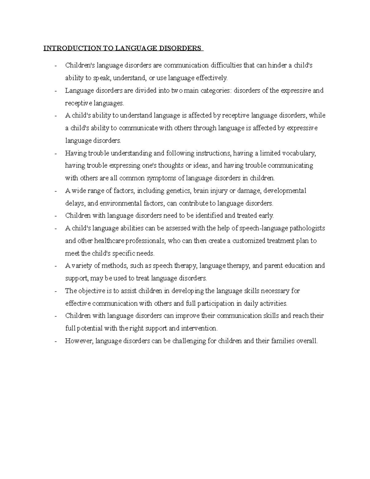 Introduction TO Language Disorders Notes 1 INTRODUCTION TO LANGUAGE