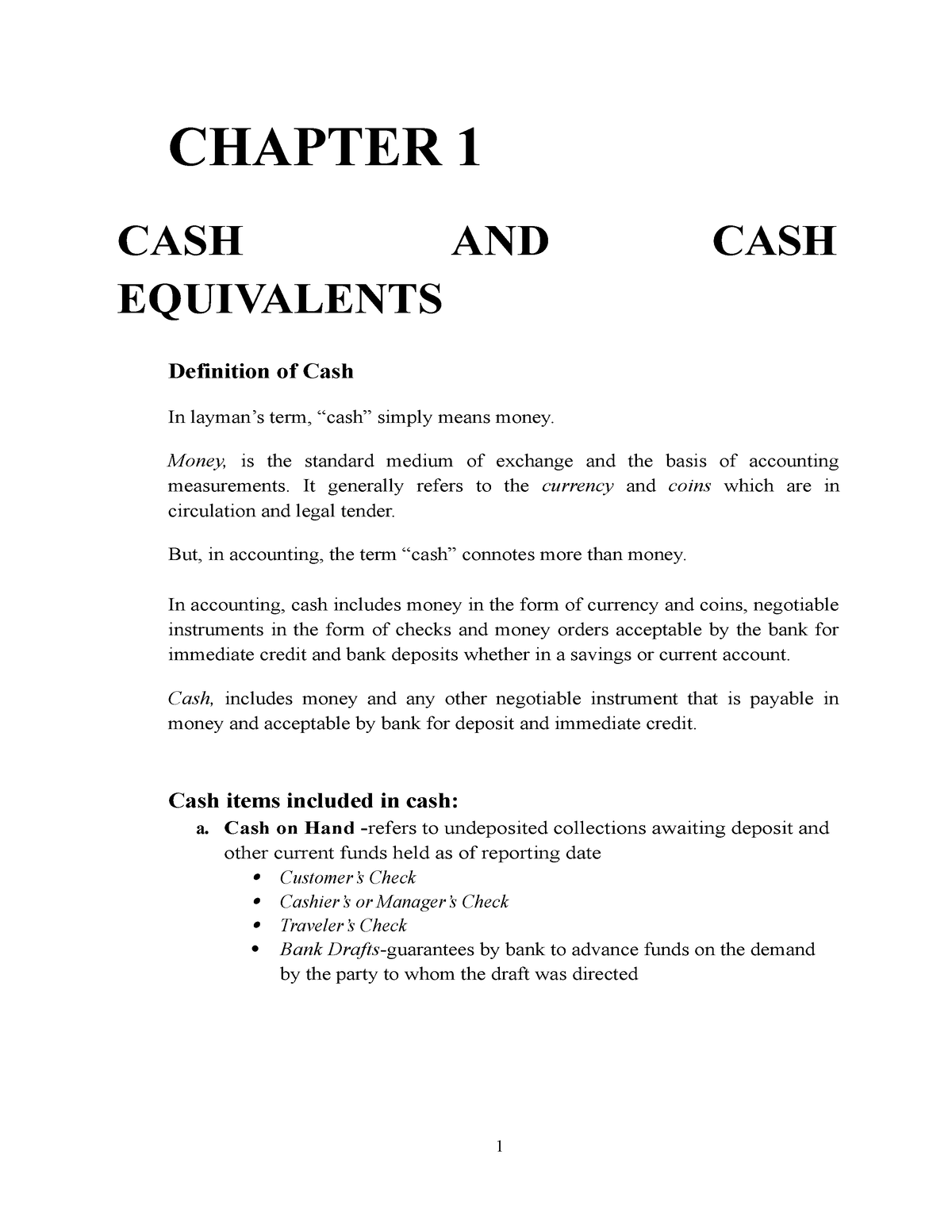 Chapter 1Cash and Cash Equivalents CHAPTER 1 CASH AND CASH