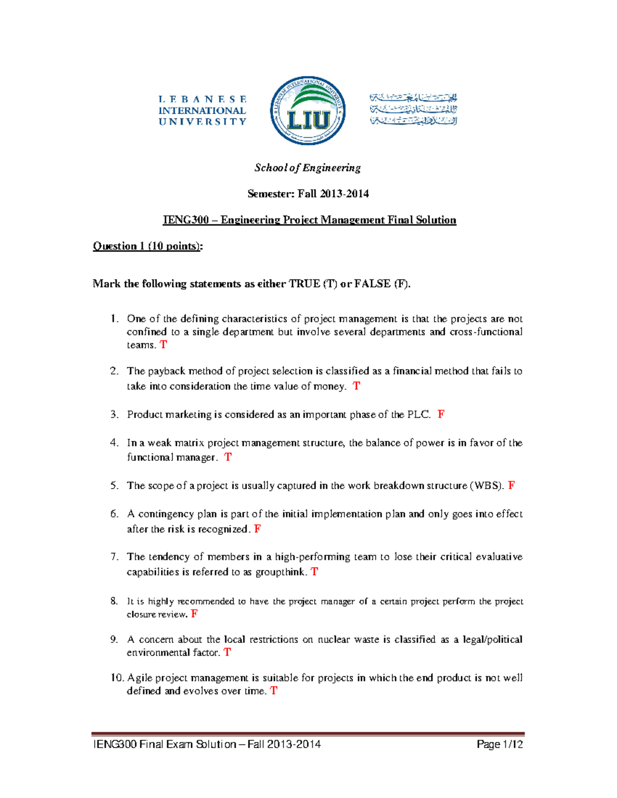 Final Exam 2 February Fall 2013, questions and answers - School of ...