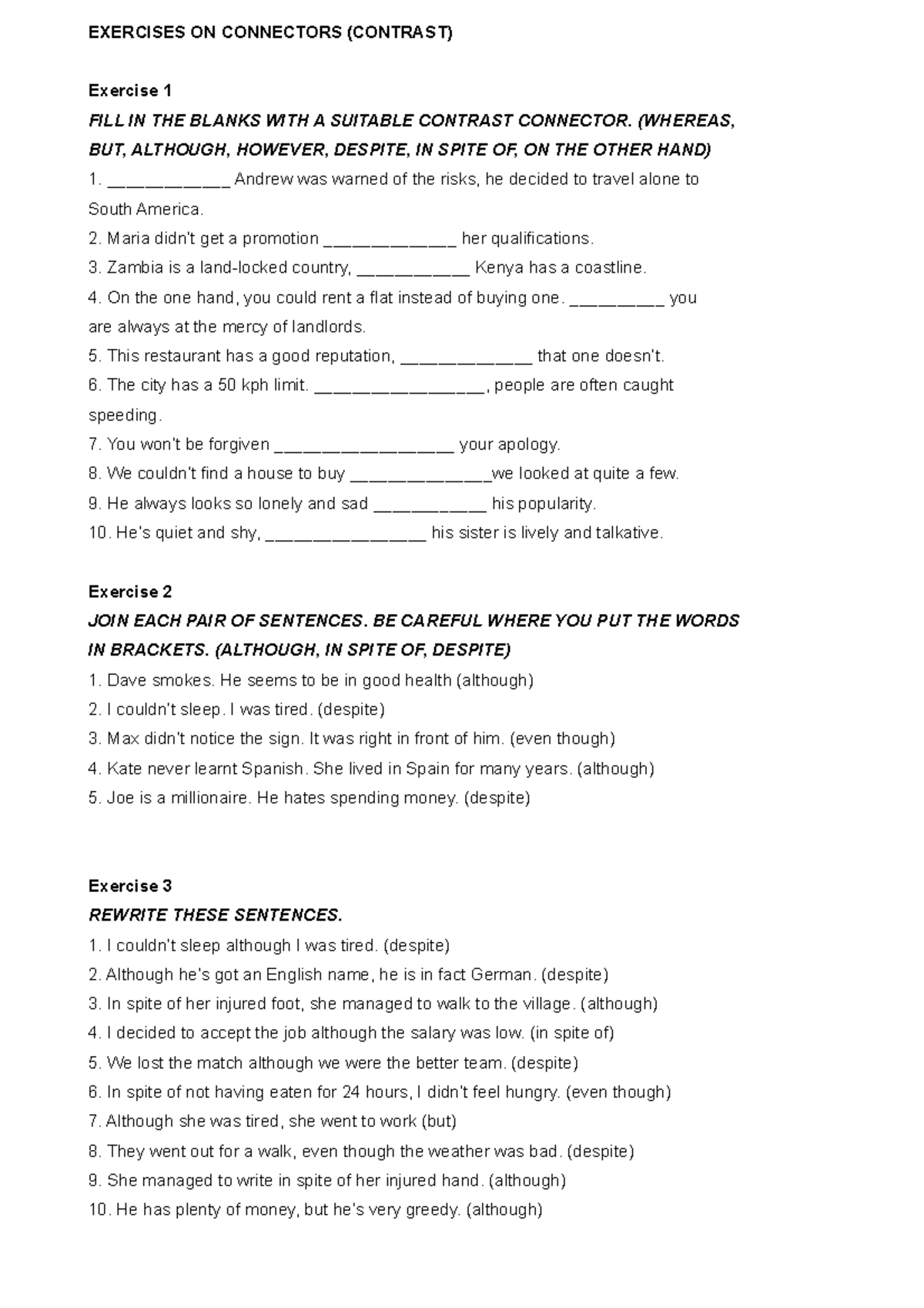 Connectors Exercise - EXERCISES ON CONNECTORS (CONTRAST) Exercise 1 ...
