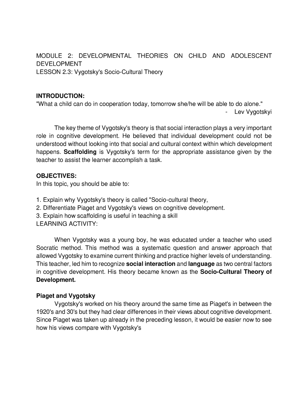 Educ 100 SBC Learning Module 2Lesson 3 4 - MODULE 2: DEVELOPMENTAL ...