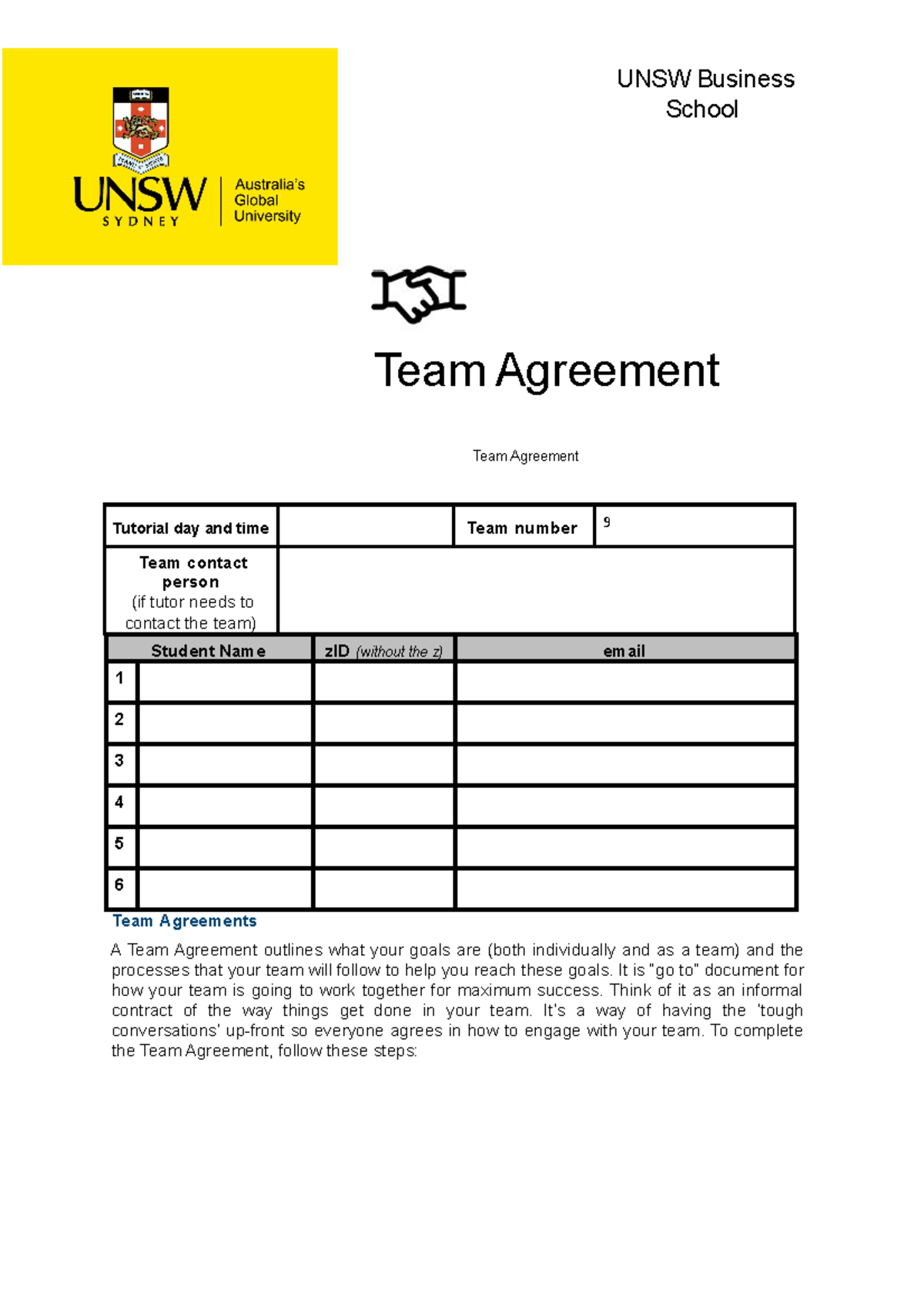 COMM1120 Team Agreement - UNSW Business School Team Agreement Team ...