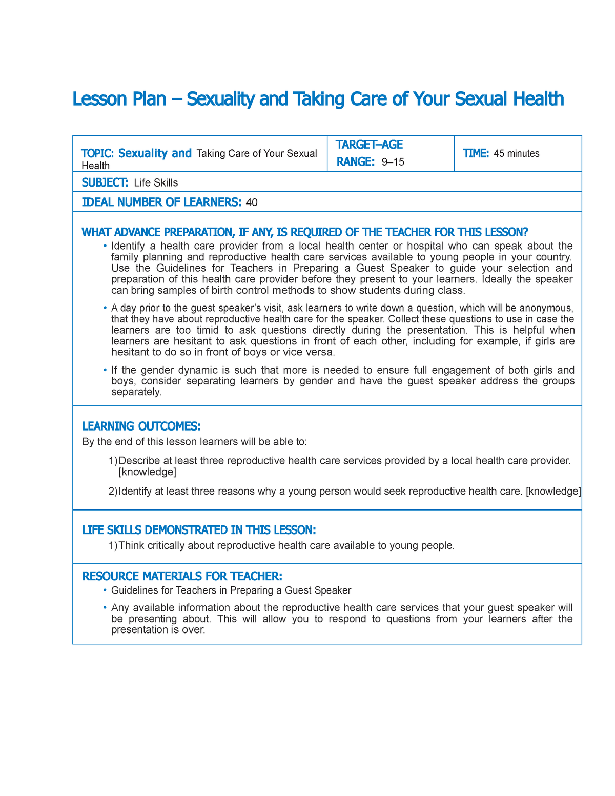Lesson Plan Taking Care Of Your Sexual Health Lesson Plan Sexuality And Taking Care Of Your 8474
