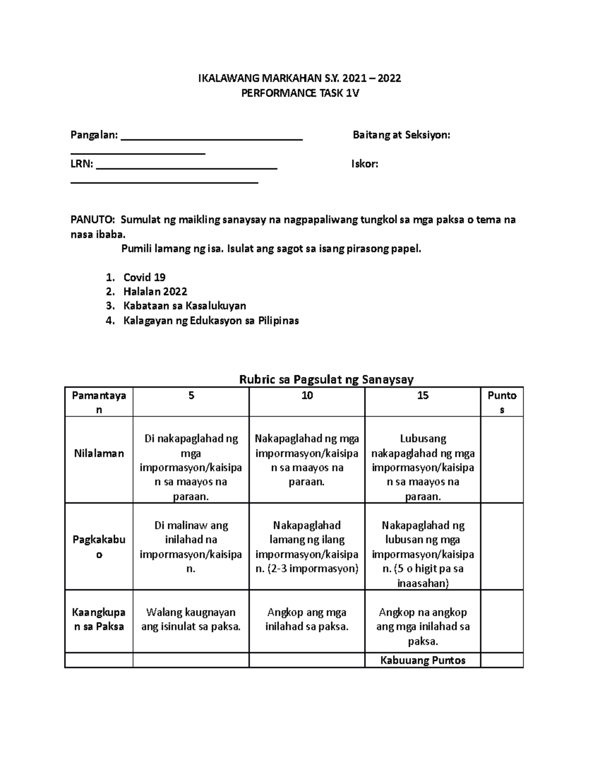 Docx Performance Task Sa Filipino Rubric Sa Pagsulat Ng Sexiezpix Web Porn 5514