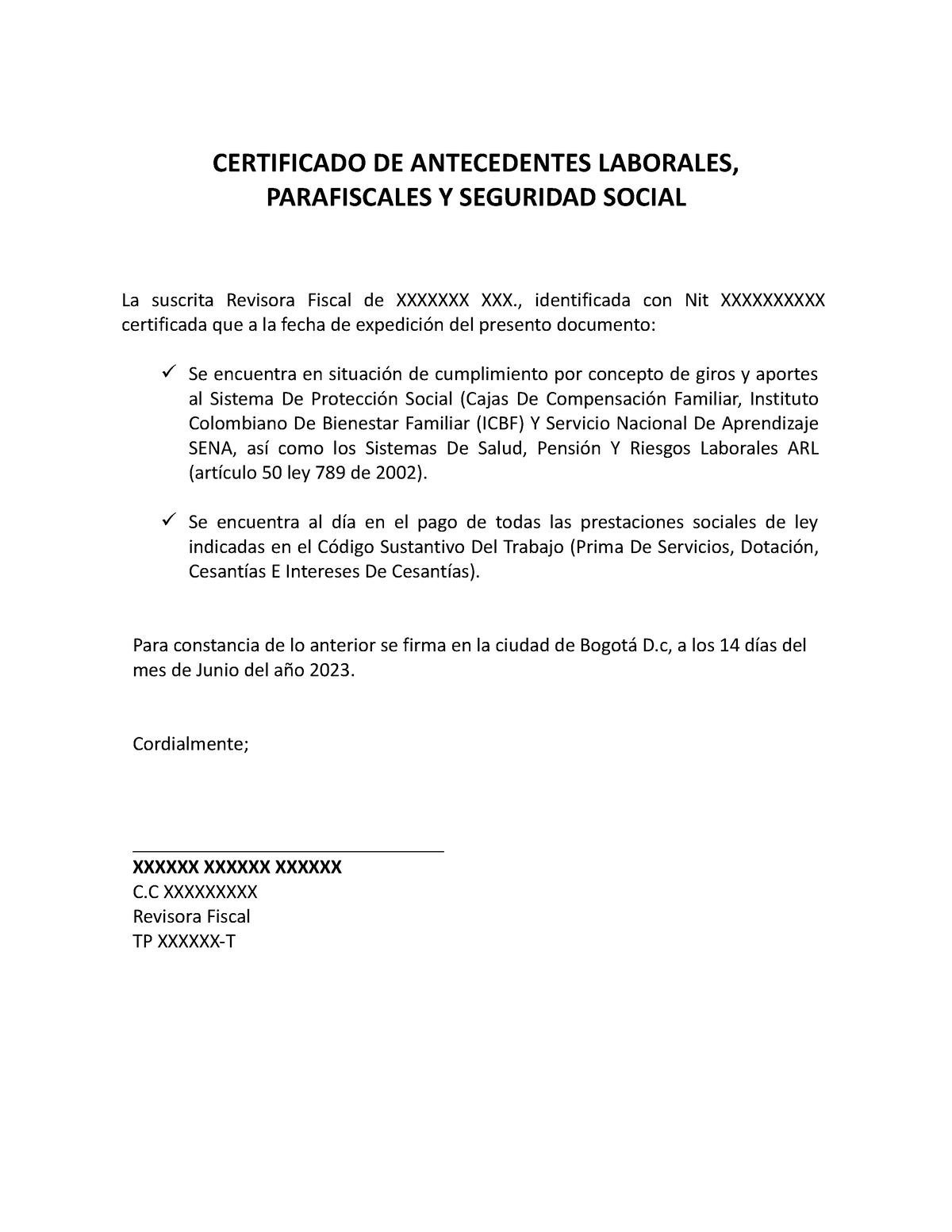 Certificado Paz Y Salvo Parafiscales Certificado De Antecedentes