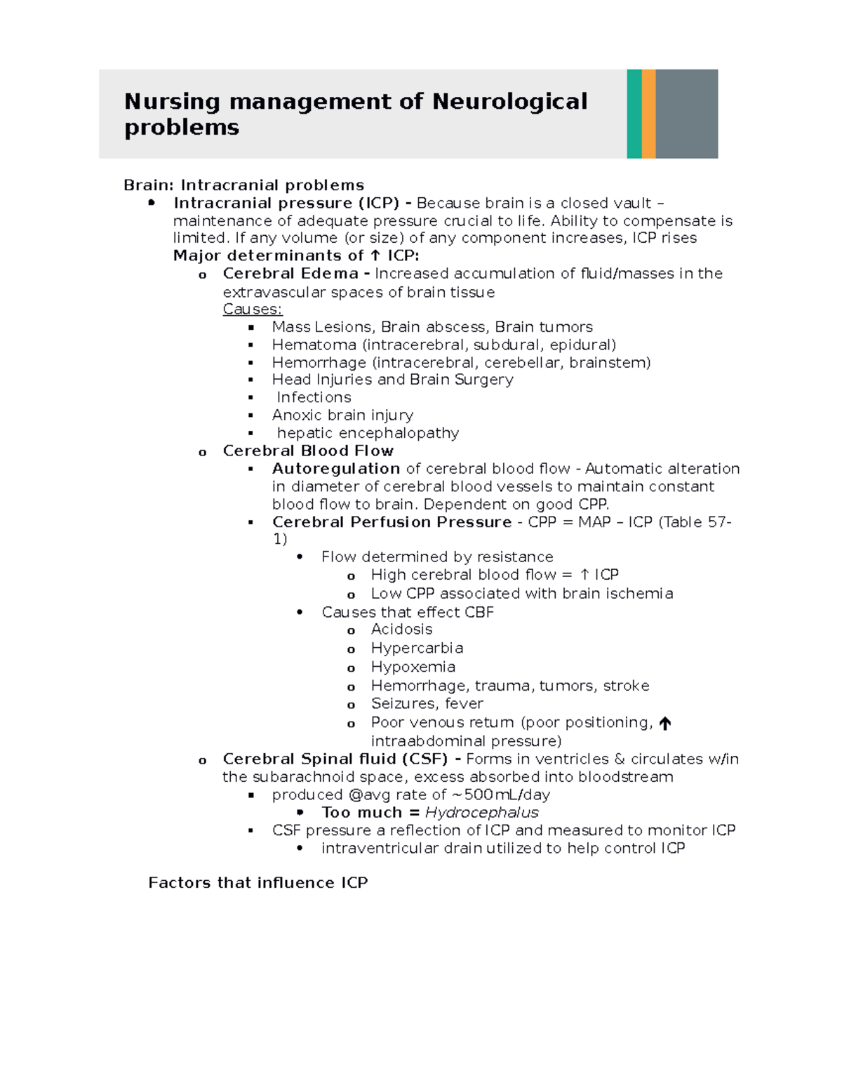 Handout - Neurological copy - Nursing management of Neurological ...