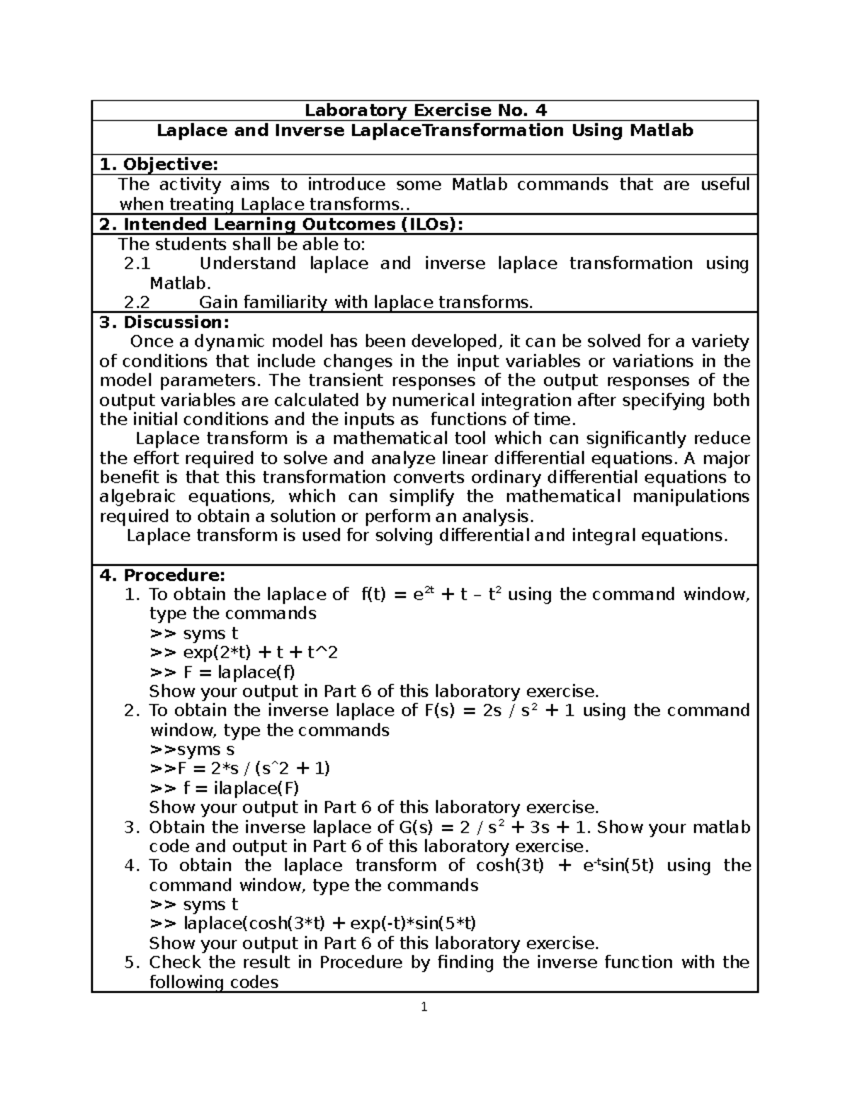 Laboratory Exercise No 4 Laplace and Inv - Laboratory Exercise No. 4 ...