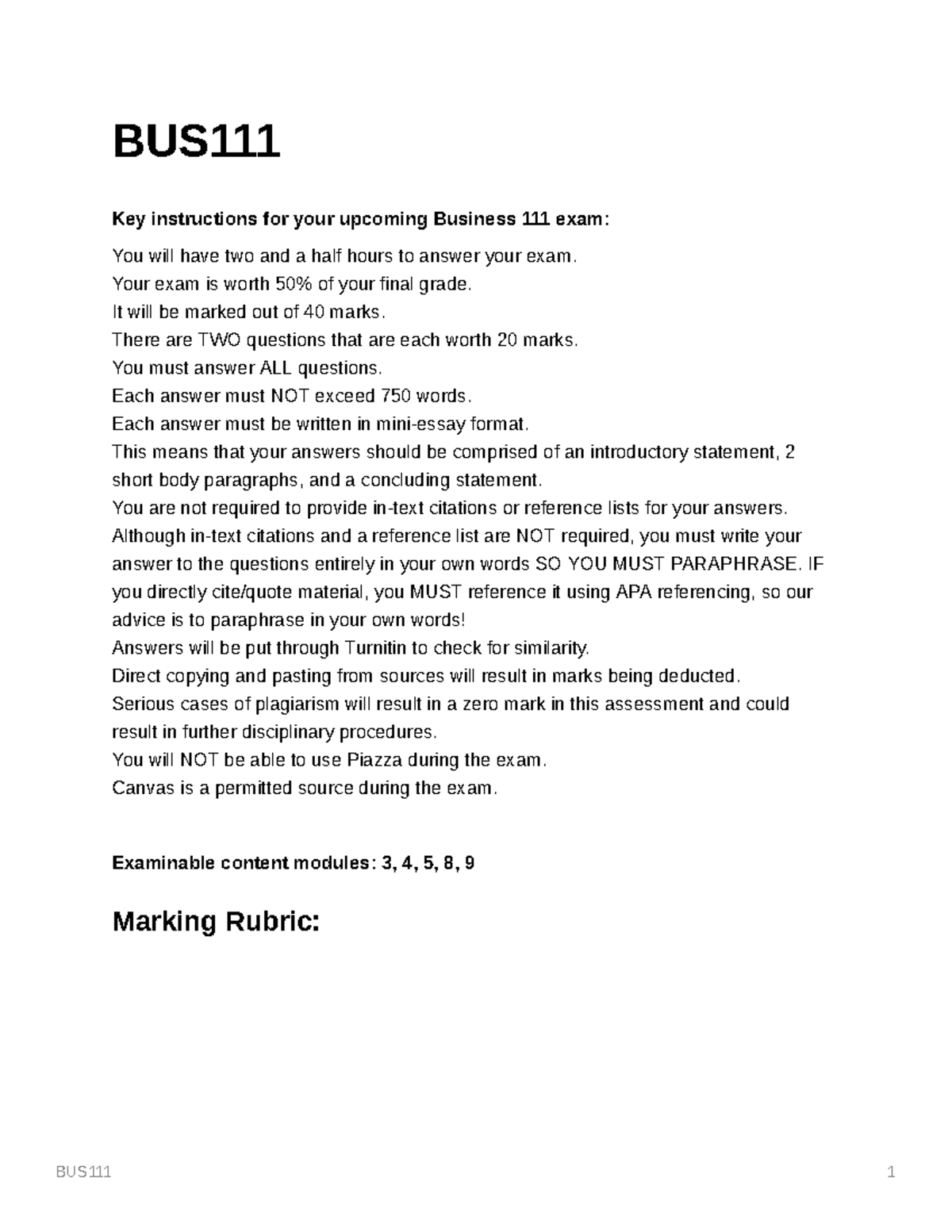 Exam Revision 3,4,5,8,9 - BUS Key instructions for your upcoming ...