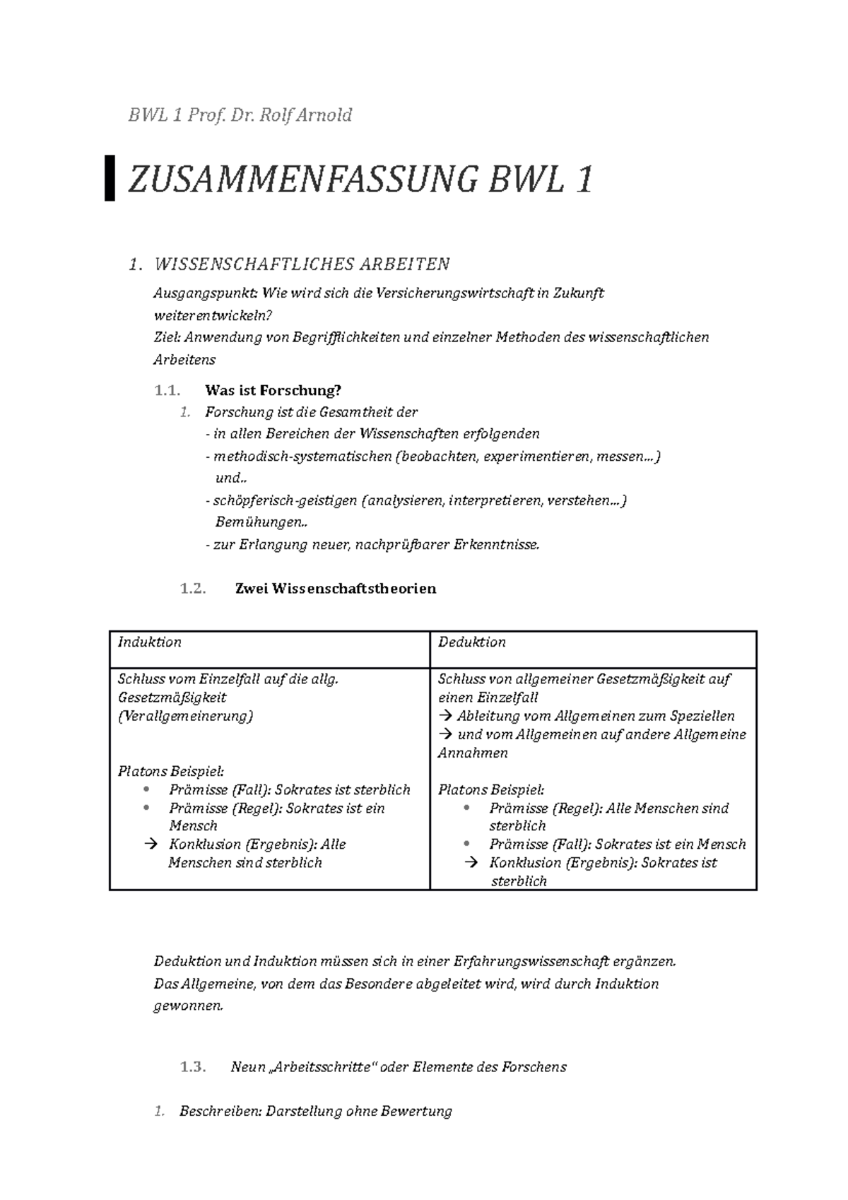BWL 1 Zusammenfassung, Klausurvorbereitung - BWL 1 Prof. Dr. Rolf ...