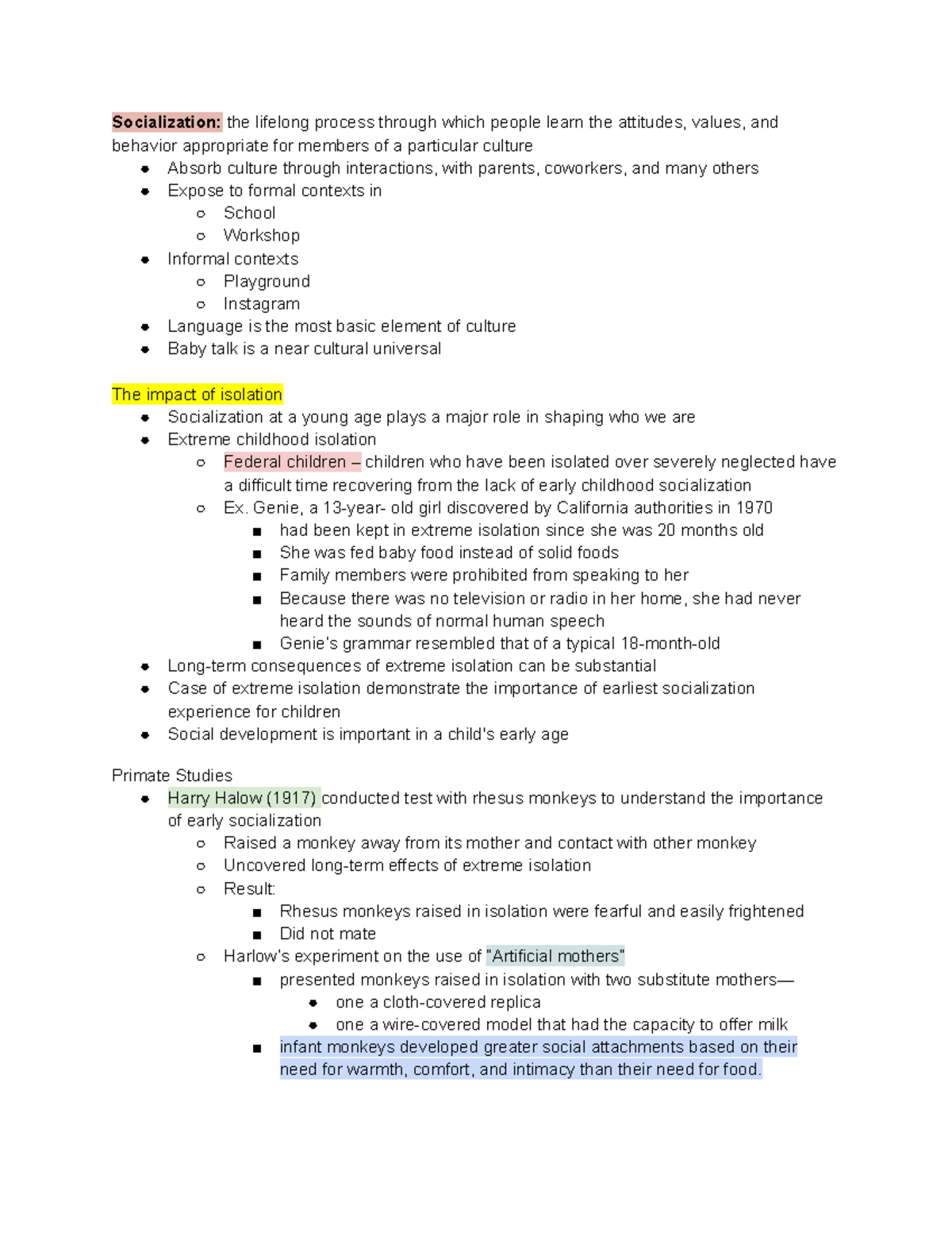 SOC Ch. 4 - Google Docs - Notes on Chapter 4 - Socialization: the ...