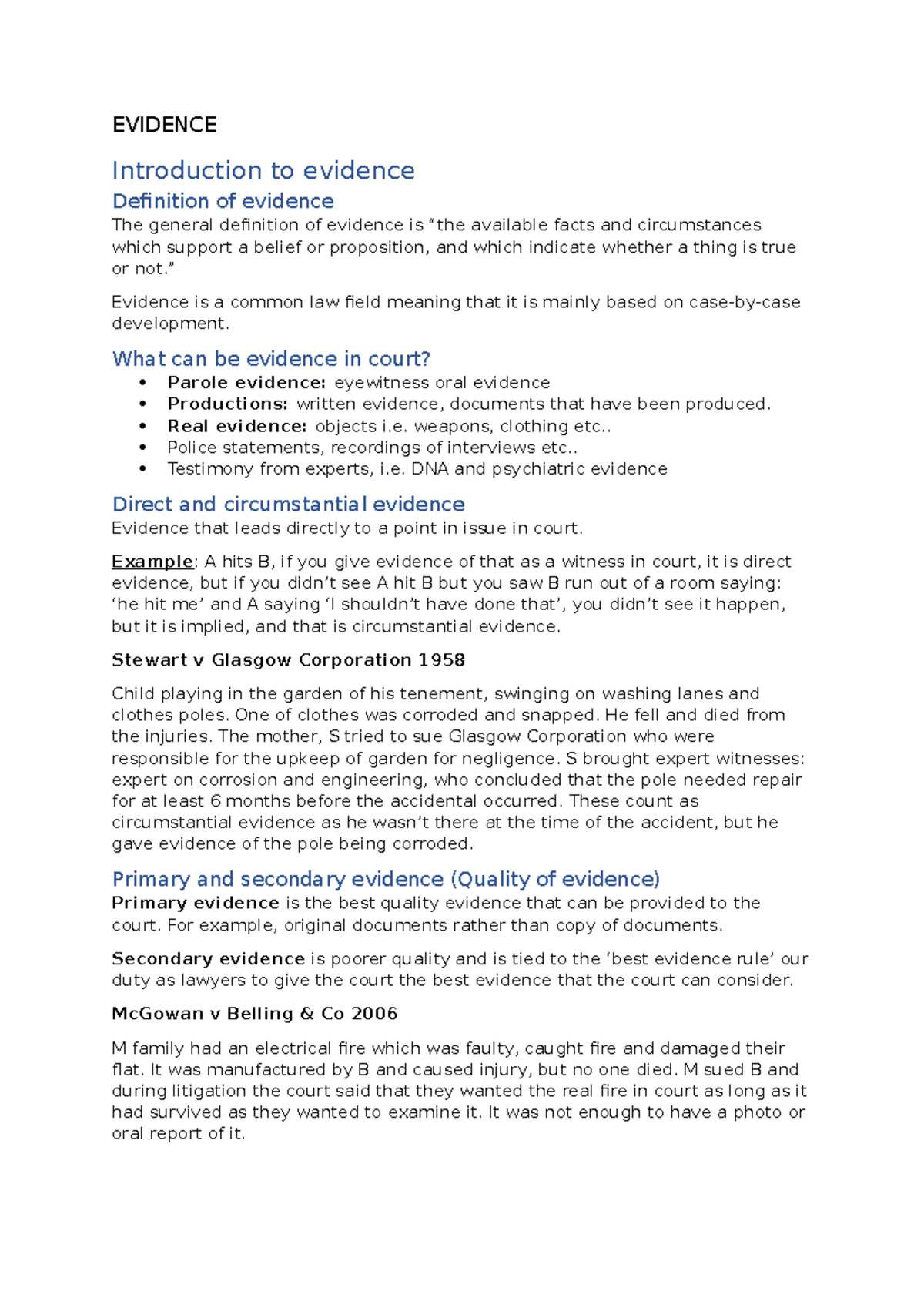 Evidence Recap EVIDENCE Introduction to evidence Definition of