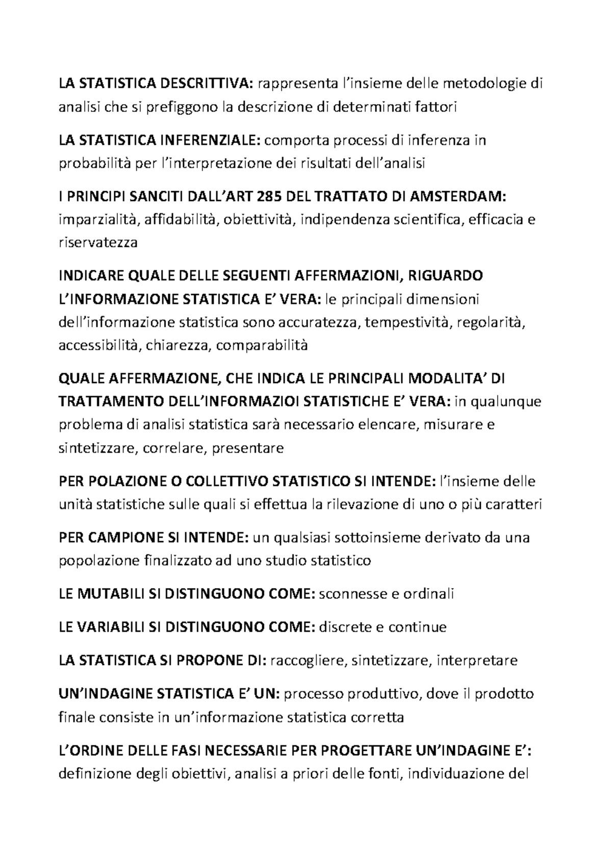 Statistica - paniere esami - LA STATISTICA DESCRITTIVA: rappresenta l ...