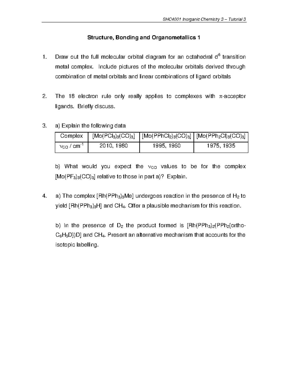 Tutorial 3 - Bonding & Organometallics 1 - SHC4001 Inorganic Chemistry ...