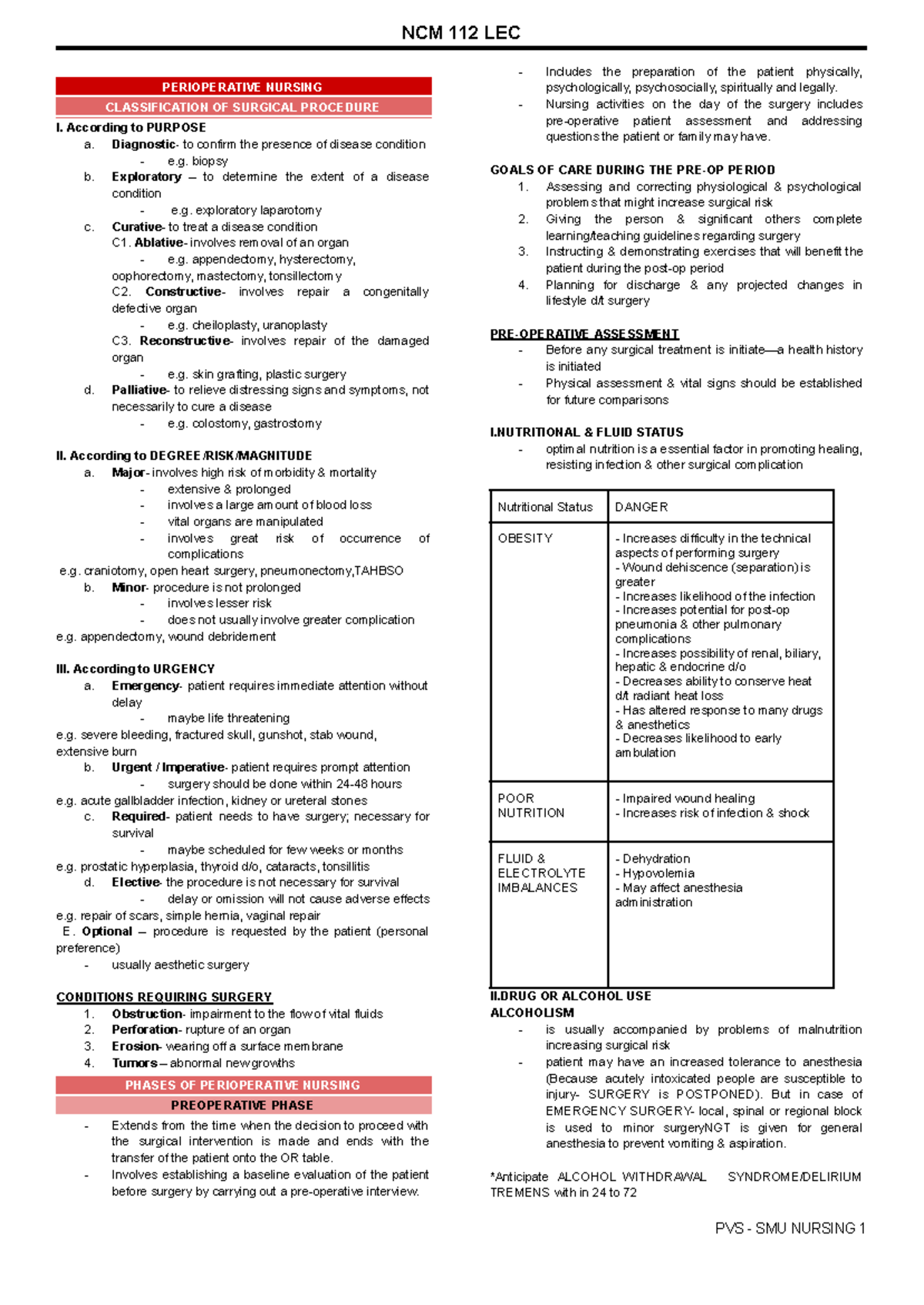 Perioperative Nursing - PERIOPERATIVE NURSING CLASSIFICATION OF ...