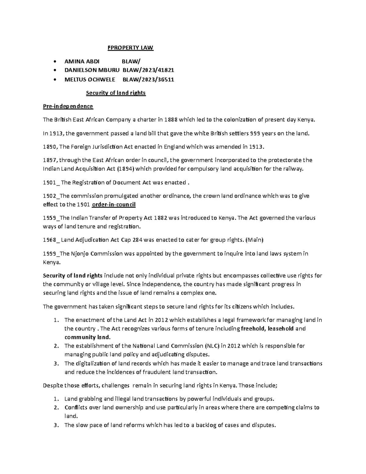 Document Well summarised FPROPERTY LAW • AMINA ABDI BLAW