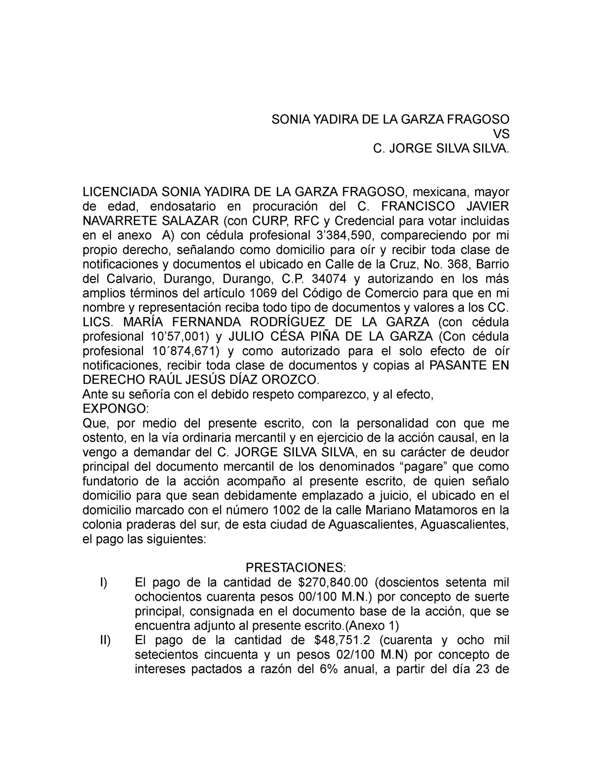 Demanda Juicio Ordinario Mercantil Sonia Yadira De La Garza Fragoso