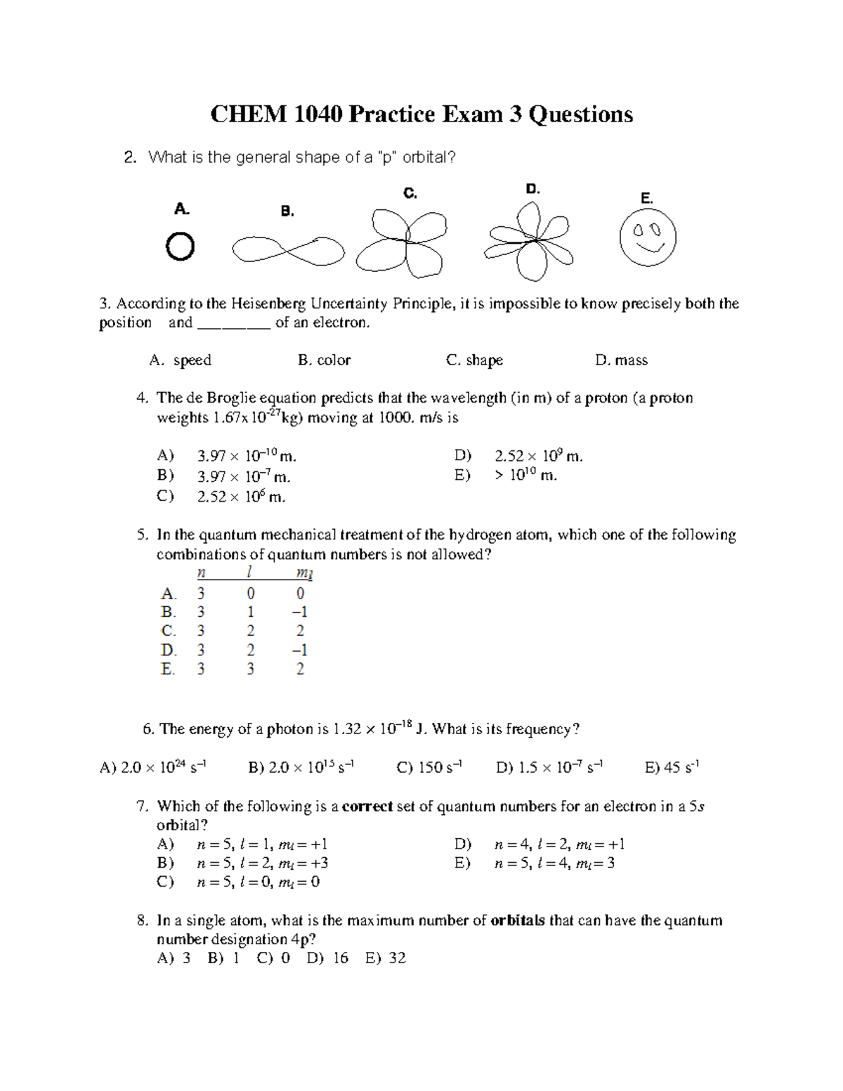Exam 3 Practice Exam Questions - CHEM 1040 Practice Exam 3 Questions ...