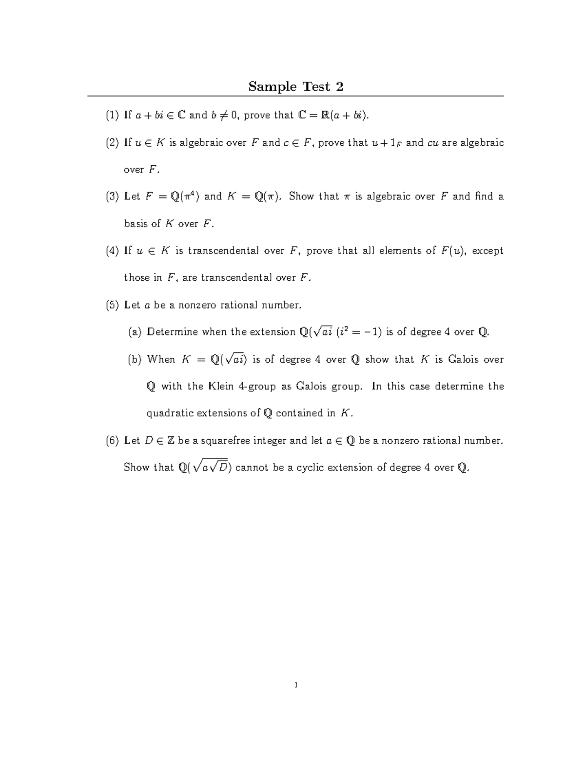 Sample Test 21 - Transcendental Fields - Sample Test 2 (1) If A + Bi ∈ ...