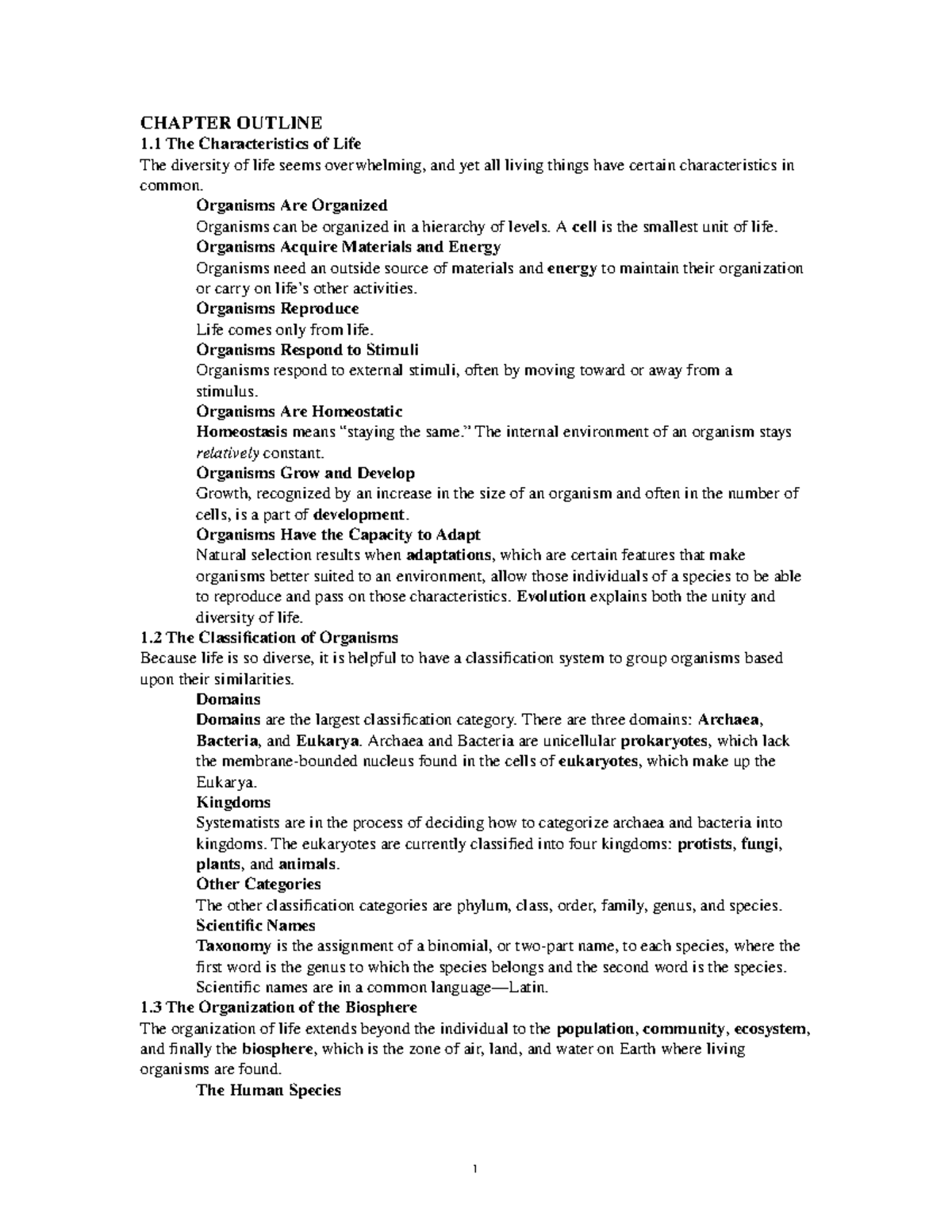 Chapter 01 Bio - CHAPTER OUTLINE 1 The Characteristics of Life The ...