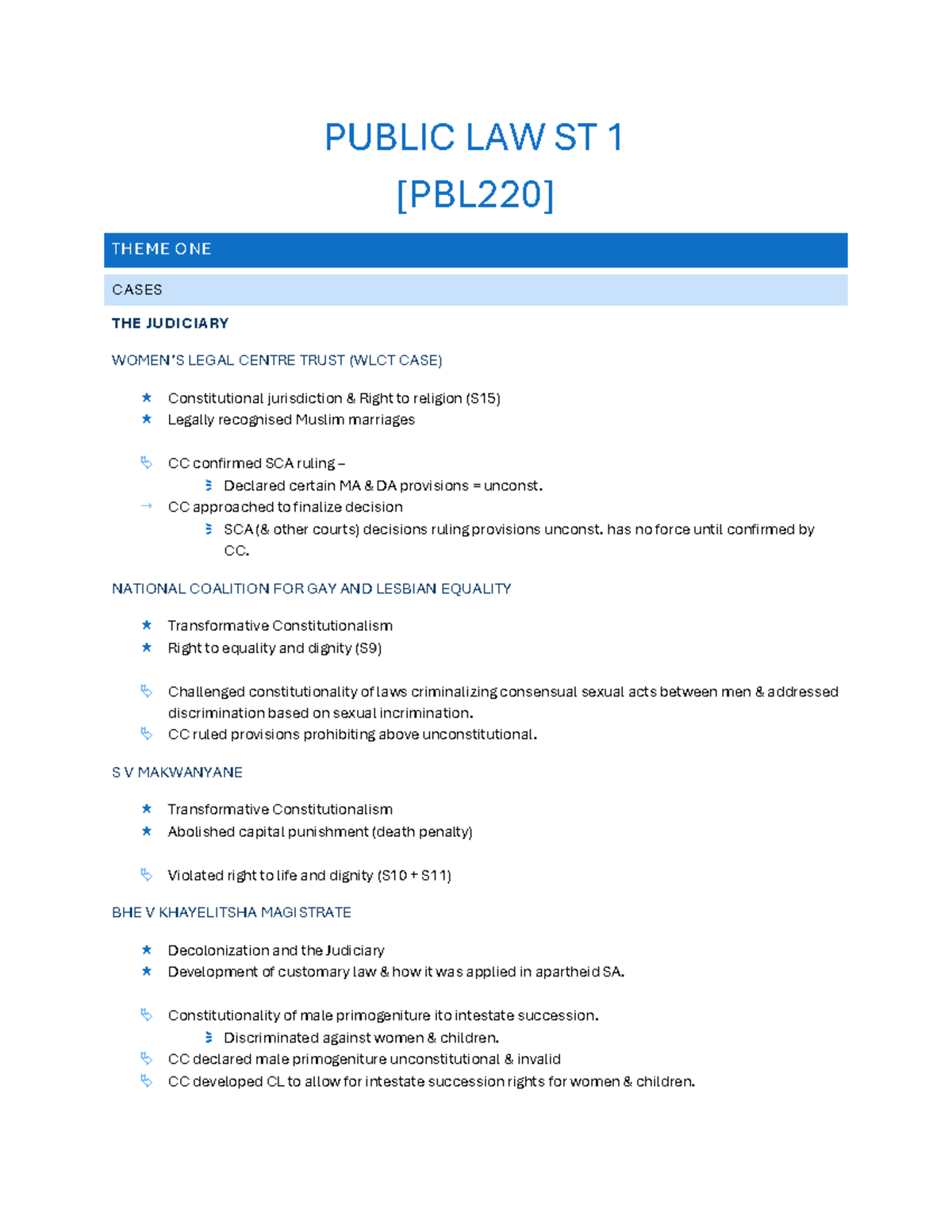 PBL ST1 Cases - PUBLIC LAW ST 1 [PBL220] THEME ONE CASES THE JUDICIARY ...
