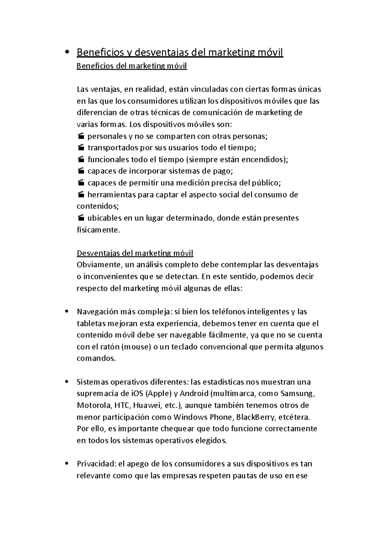 Resumen modulo 2 Beneficios y desventajas del marketing móvil
