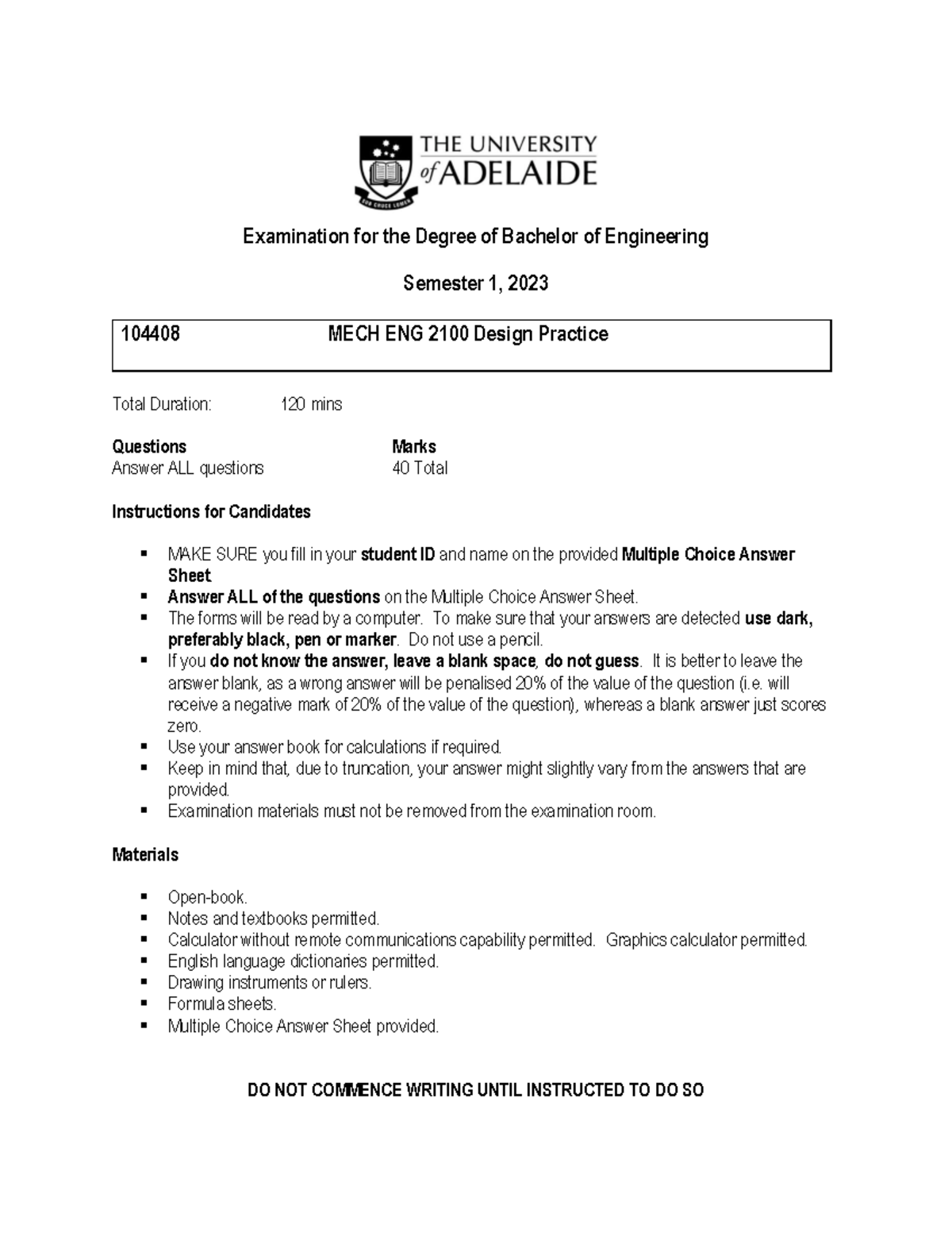 Mecheng 2100 Design Practice Primary EXAM 2023 (1)-merged - Examination ...