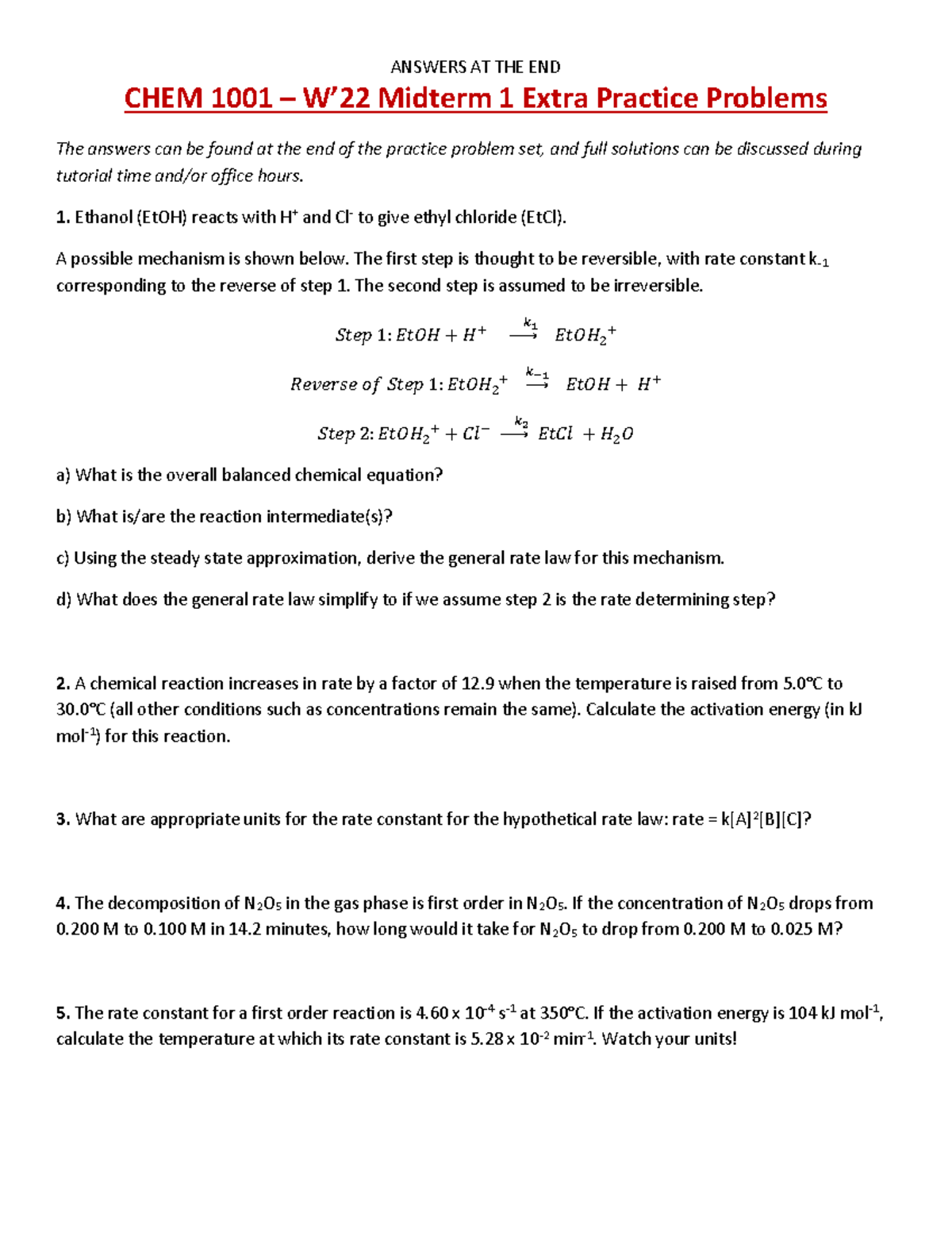 Midterm 1 - Extra Practice Problems - CHEM 1001 – W’22 Midterm 1 Extra ...