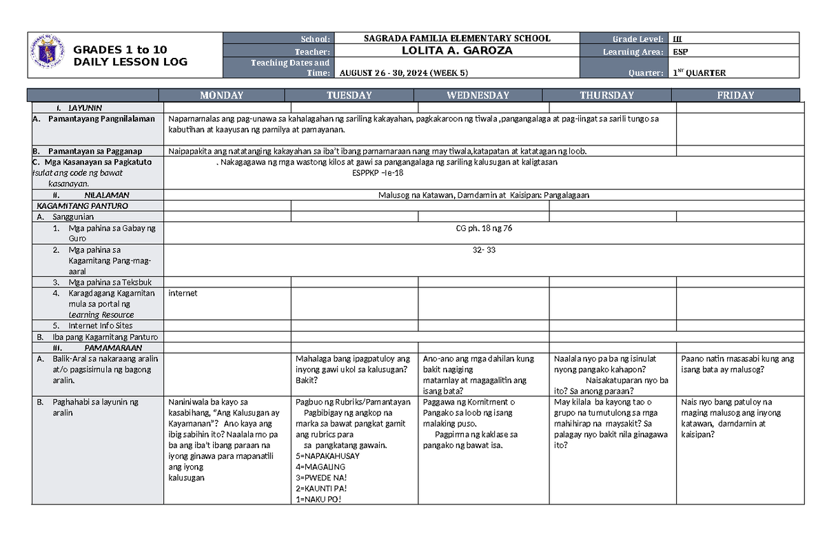 DLL ESP 3 Q1 W5 - dll - GRADES 1 to 10 DAILY LESSON LOG School: SAGRADA ...