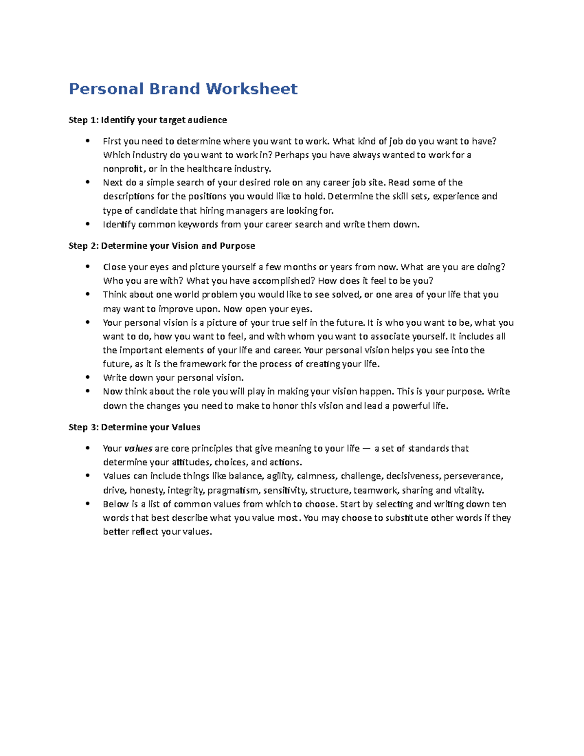 Chapter 2 Worksheet Personal Brand Worksheet Personal Brand