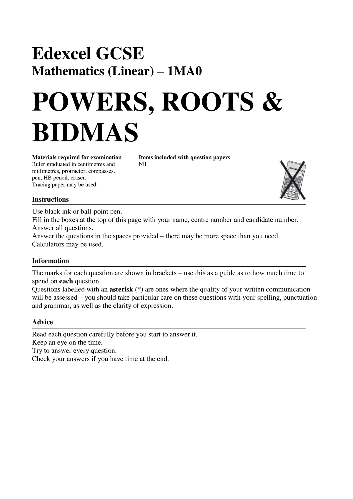 24 Powers-roots-bidmas - Edexcel GCSE Mathematics (Linear) – 1MA POWERS ...