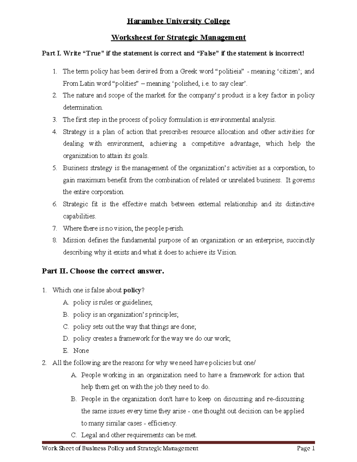 Strategic Management Work sheet - Harambee University College ...