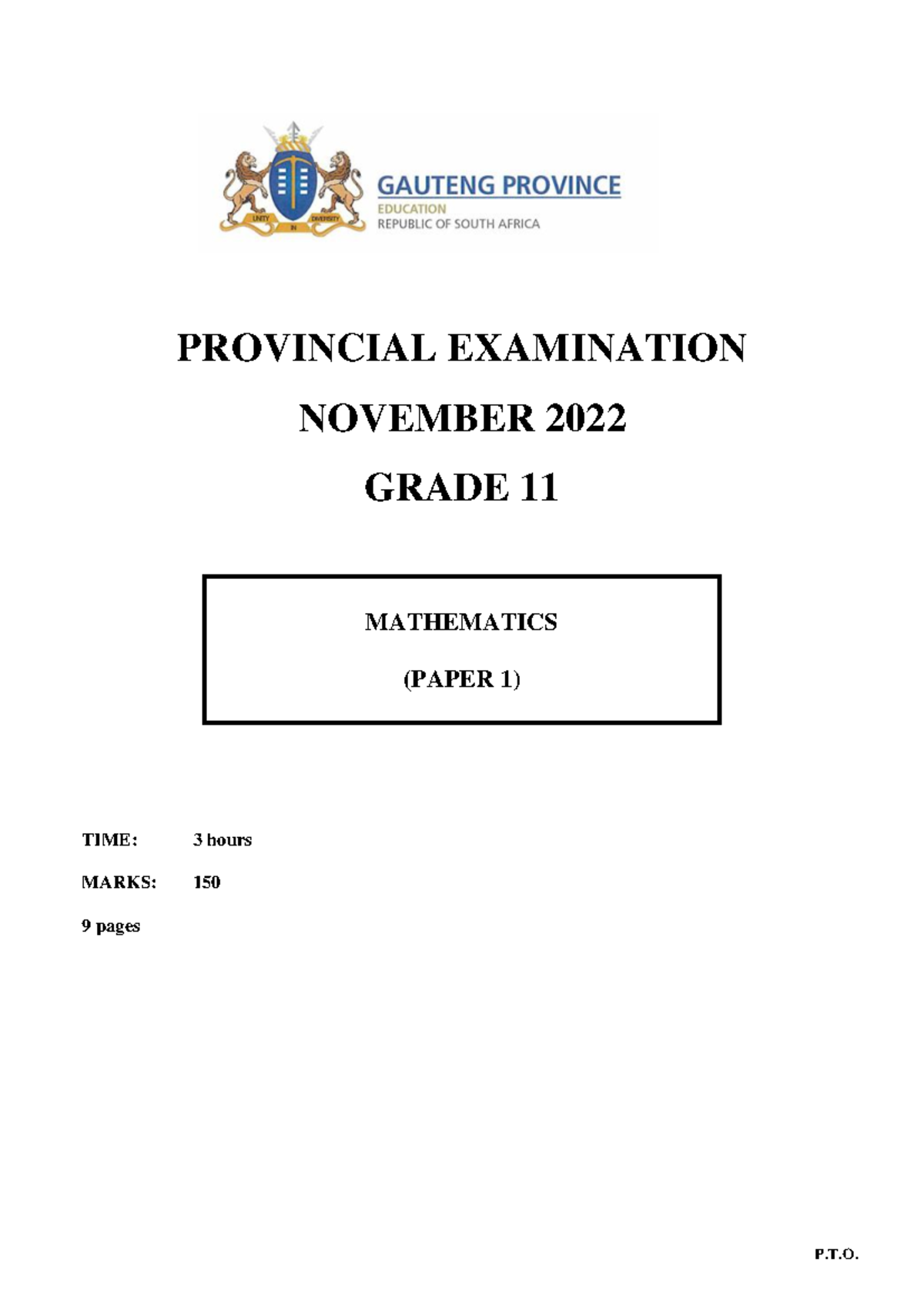 Gr 11 Mathematics P1 (English) November 2022 Question Paper ...