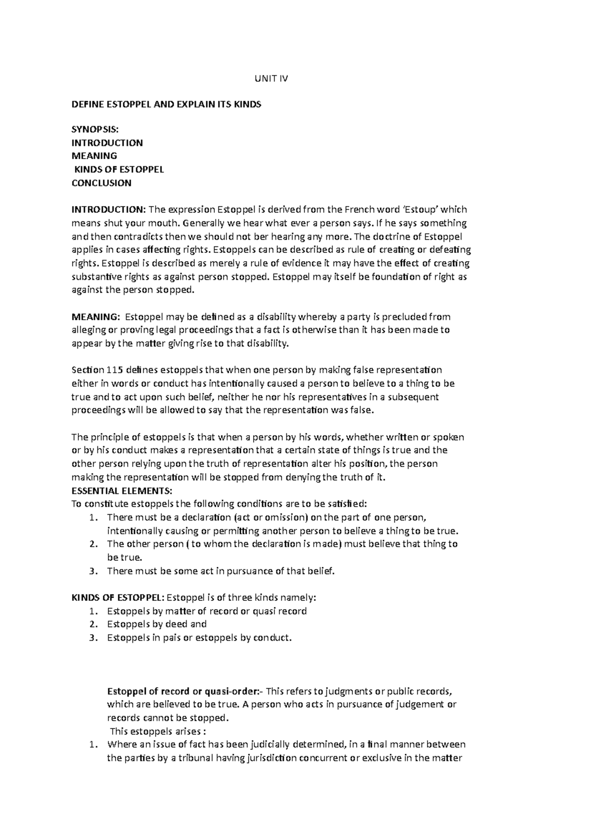 Evidence model answer - UNIT IV DEFINE ESTOPPEL AND EXPLAIN ITS KINDS ...